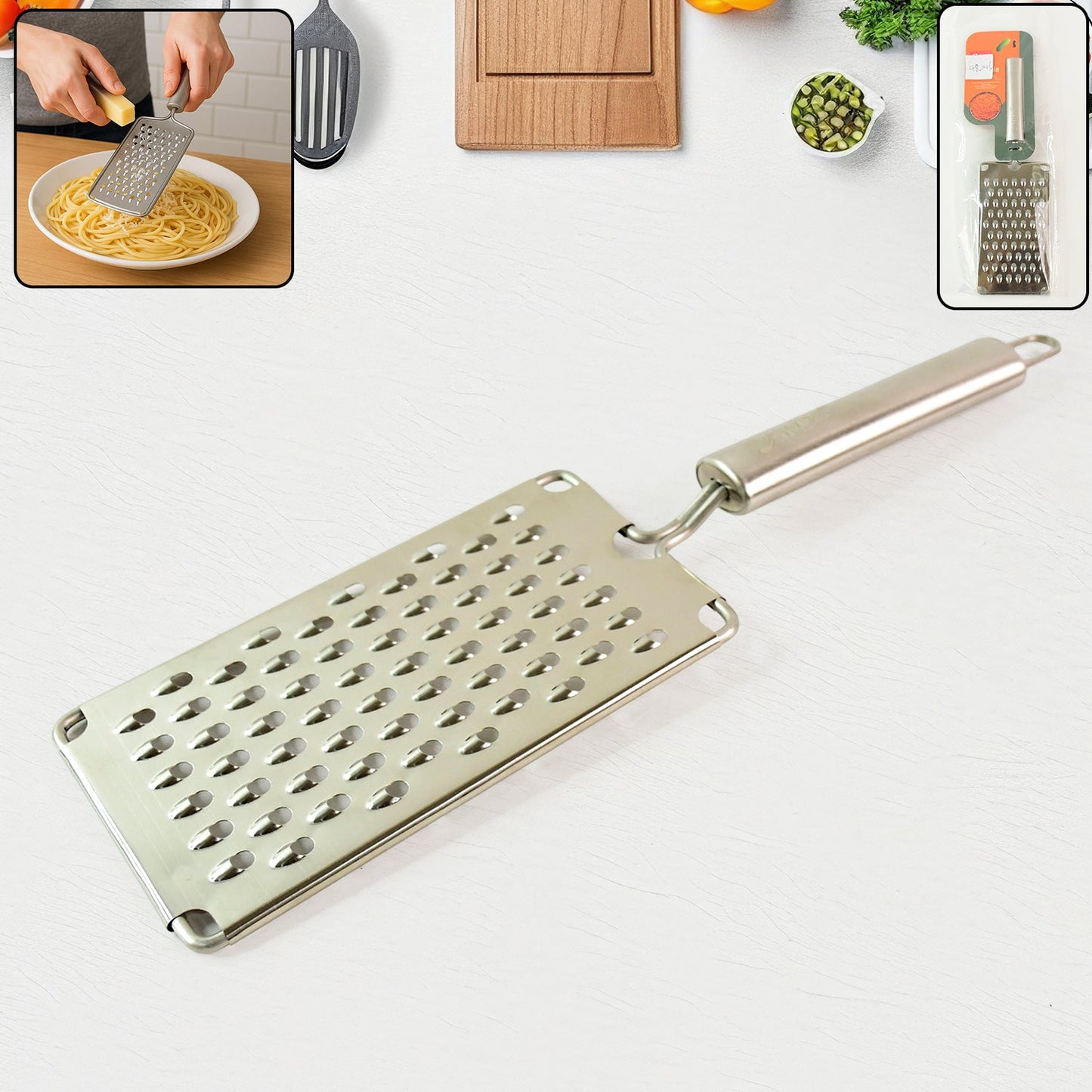 Set of 6 stainless steel vegetable graters with ergonomic handles displayed