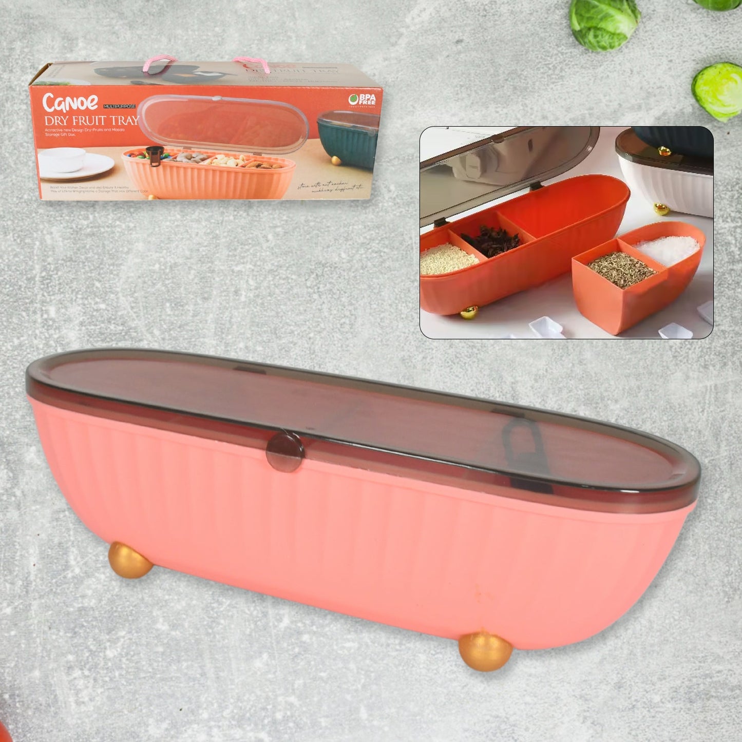 Clear 4-compartment spice box with spoons and lid for kitchen use.