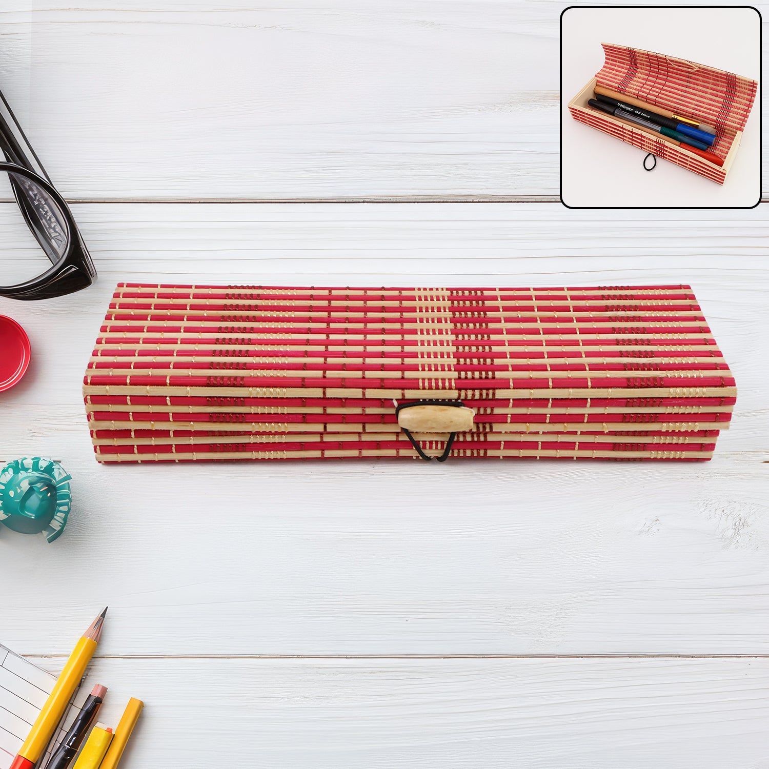 Decorative bamboo mat organizer box holding pens and cosmetics