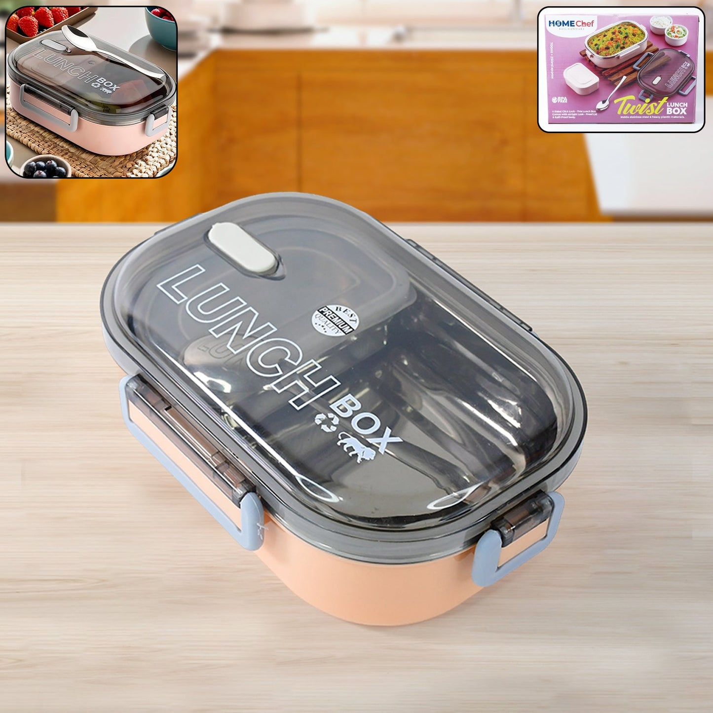 Angled view of leak-proof stainless steel tiffin lunch box