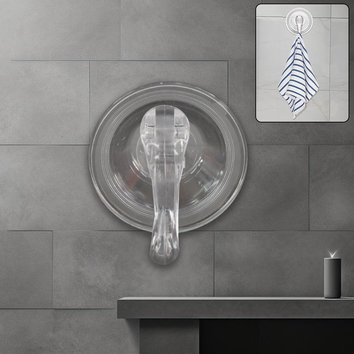 Heavy duty plastic suction cup hook firmly attached to glass surface