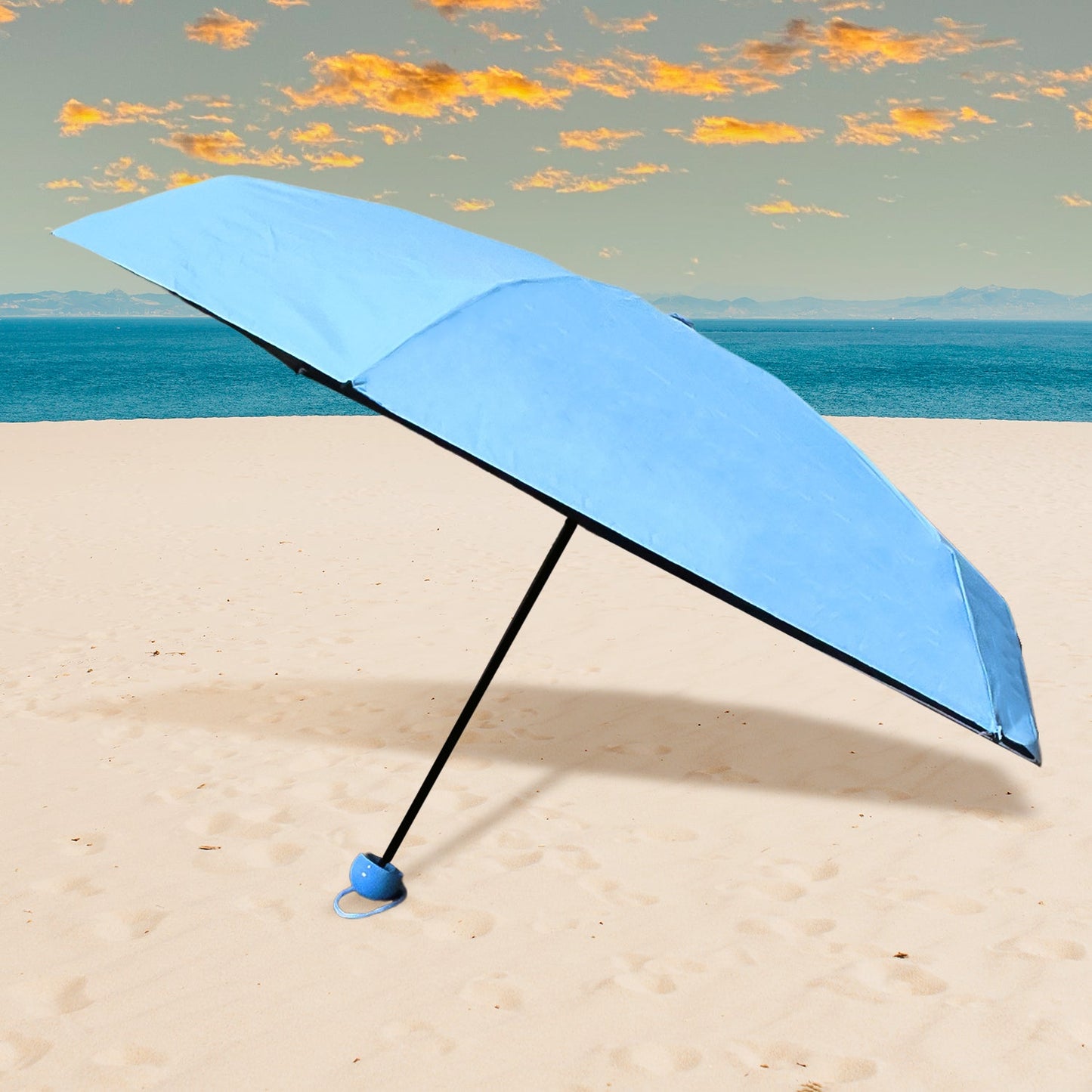 A sleek, black 5-Fold Umbrella neatly stored in its matching capsule case, ready for travel.
