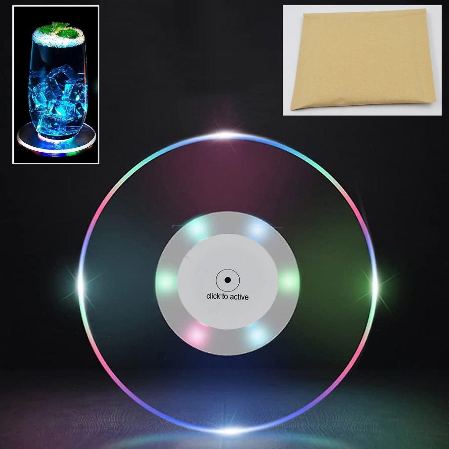Vibrant LED coaster lighting up a drink on a dark table.