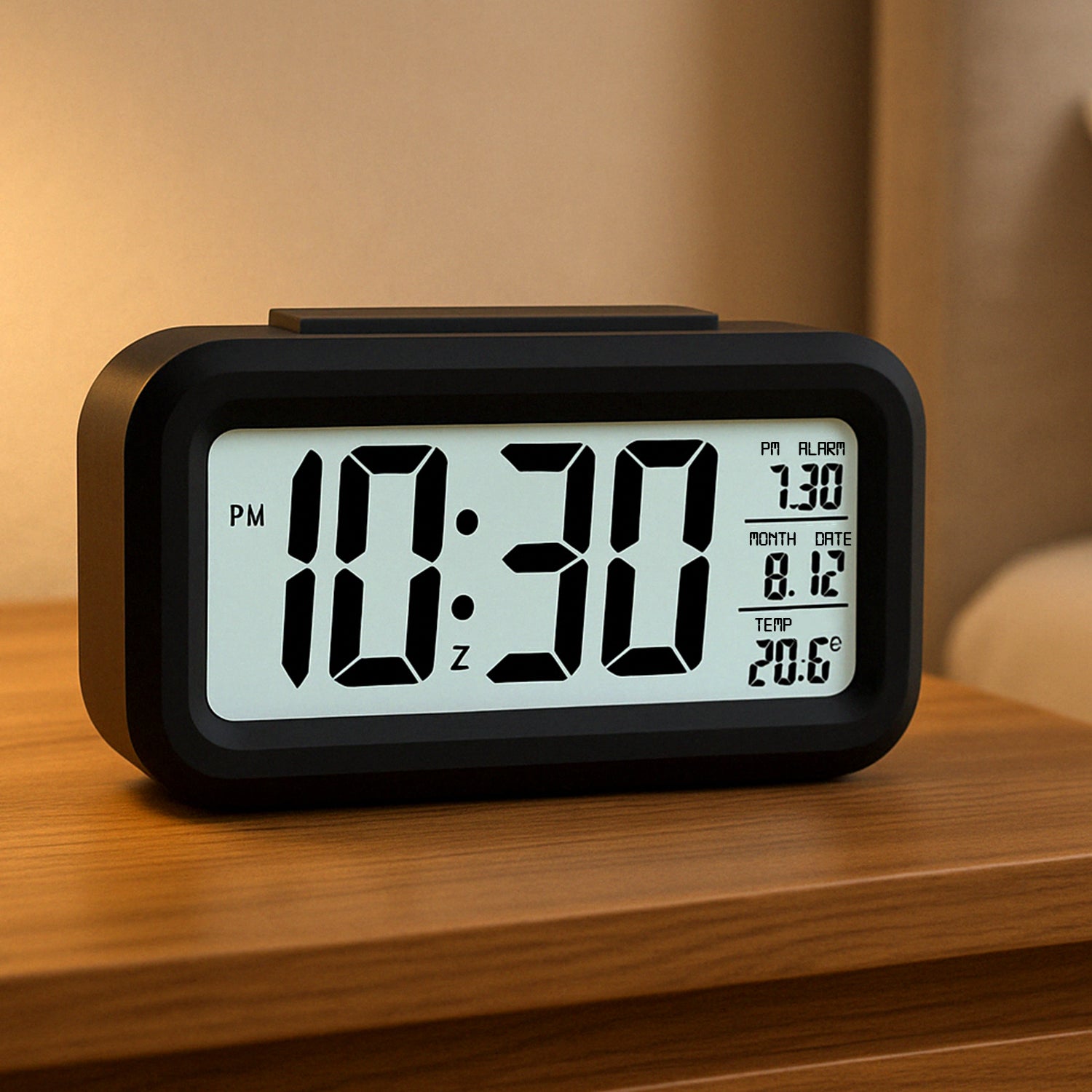 Digital LCD alarm clock with backlight showing time and temperature