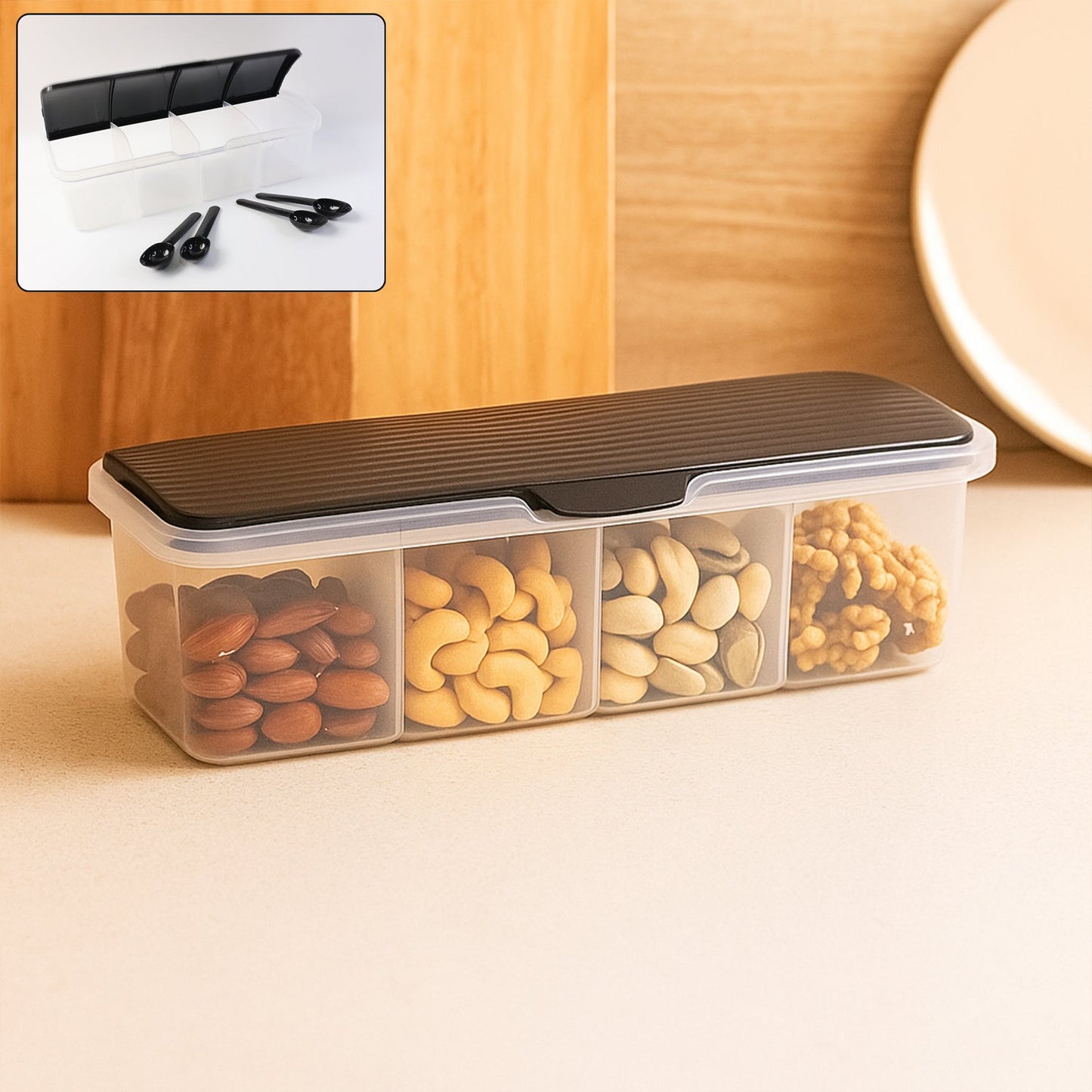 Side view of plastic 4-in-1 masala box with spinning base for easy access