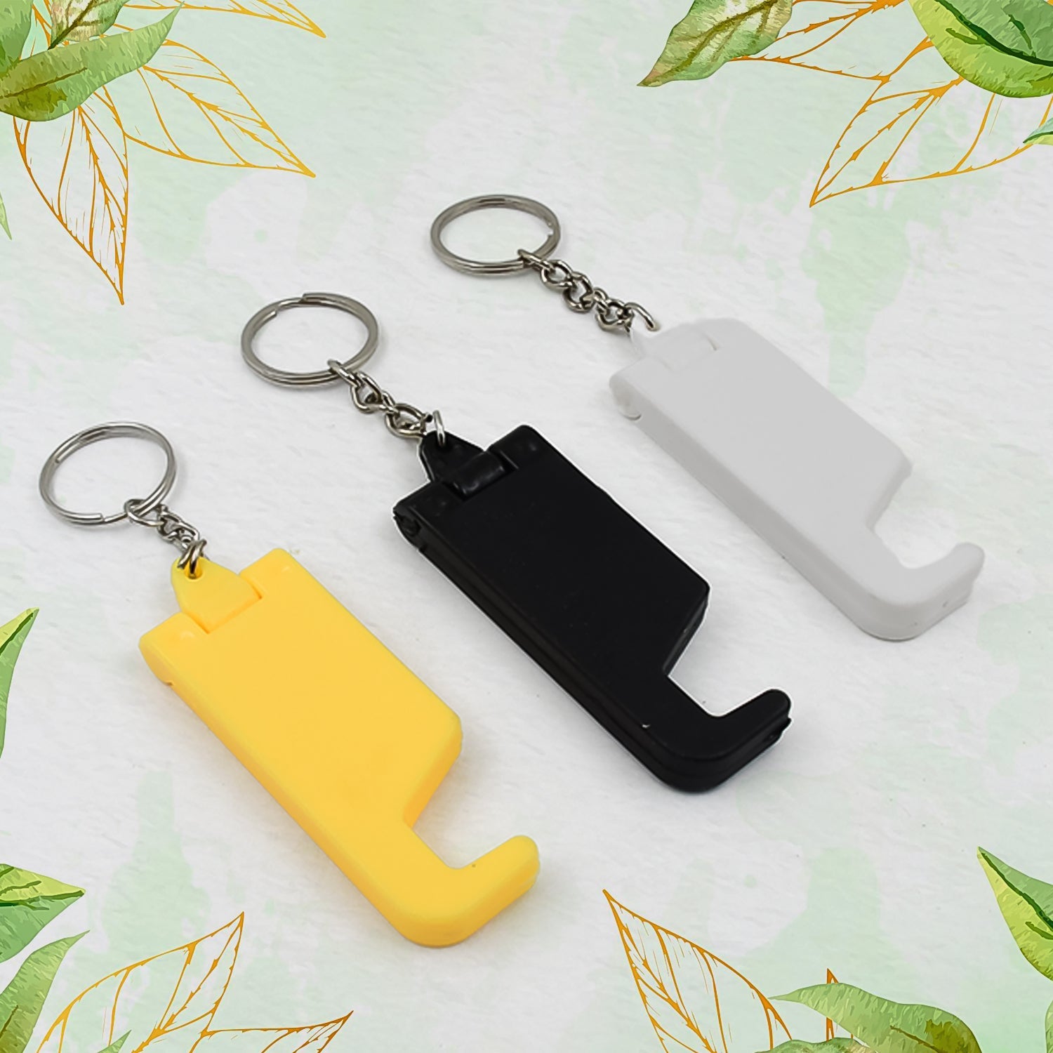 Multicolor 2-in-1 plastic keychain mobile stand.