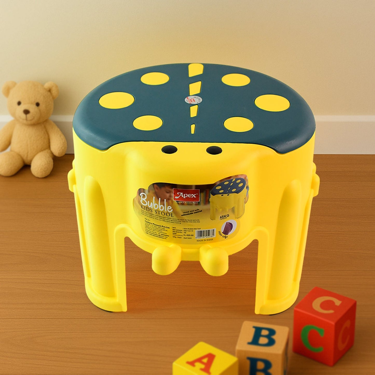Apex Bubble Kids Step Stool with vibrant yellow and blue bubble-textured non-slip seat
