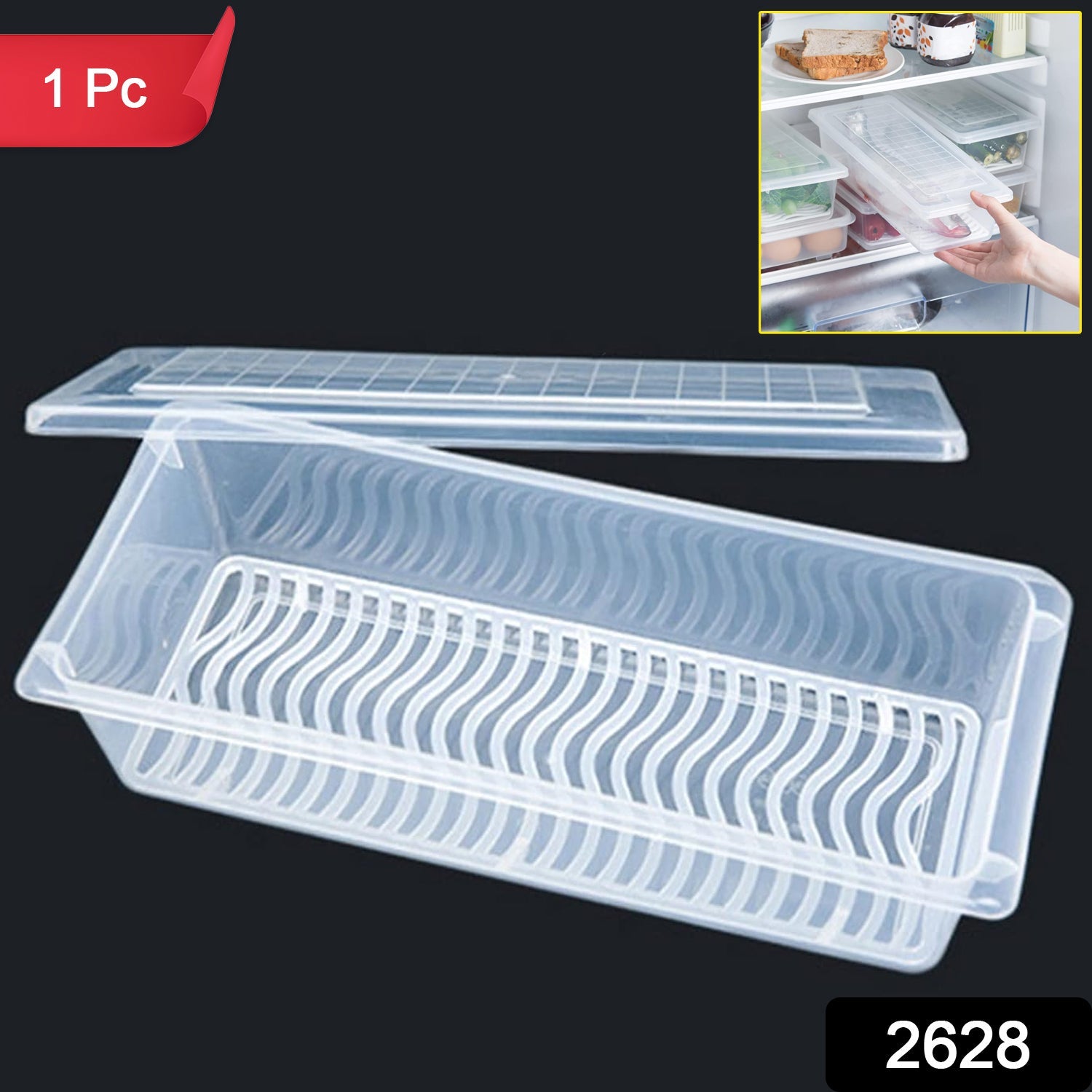 A close-up of the 1500ml food storage container showing its removable blue drain plate.