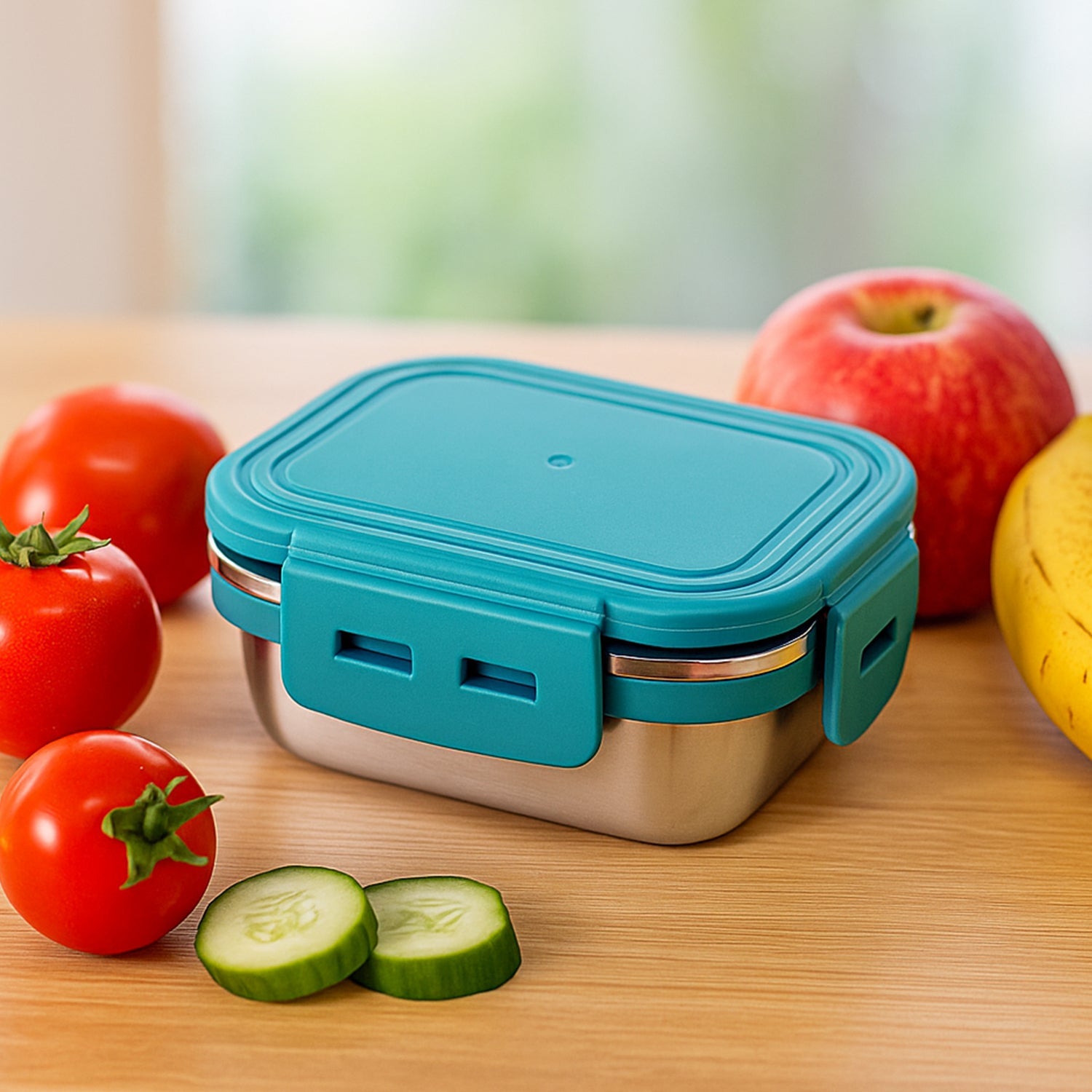 200ml stainless steel mini food container with teal airtight locking lid