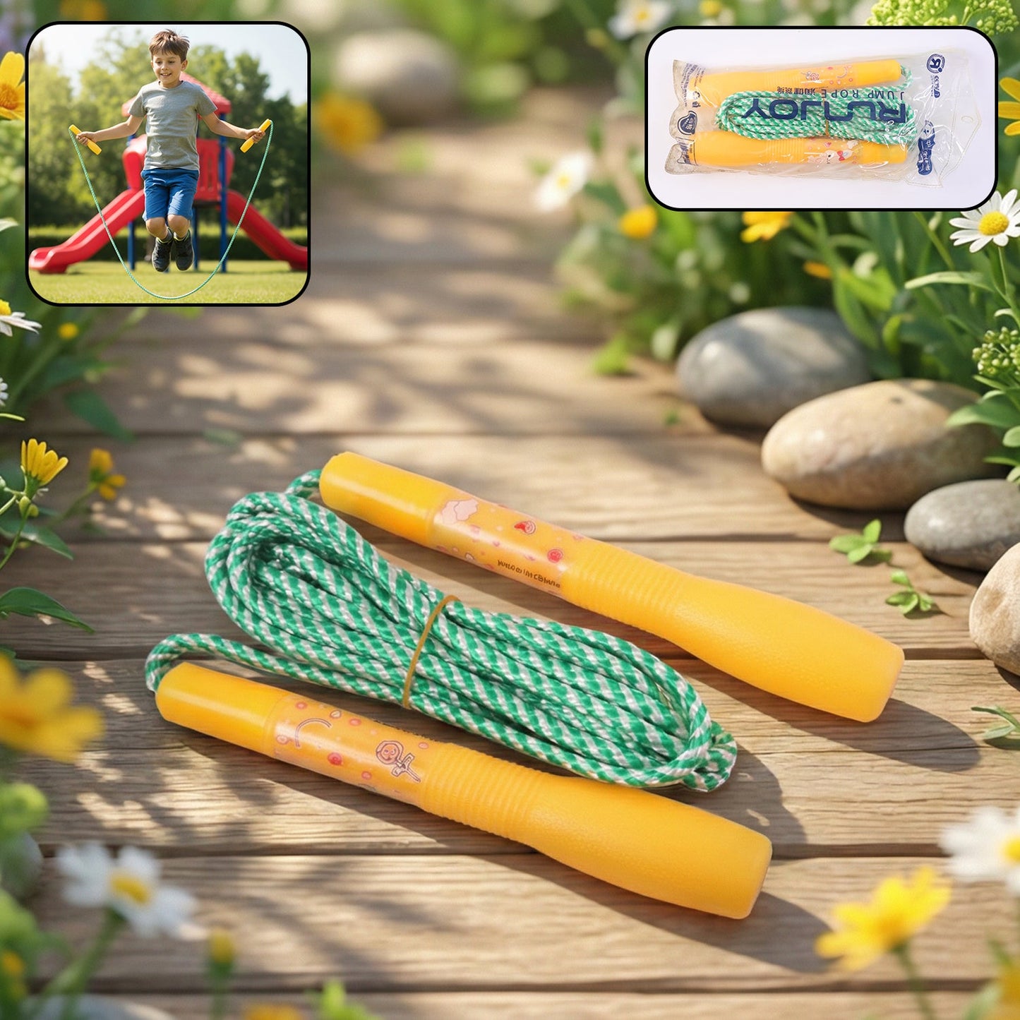 Kids skipping jump rope with soft grip handles and vibrant rope