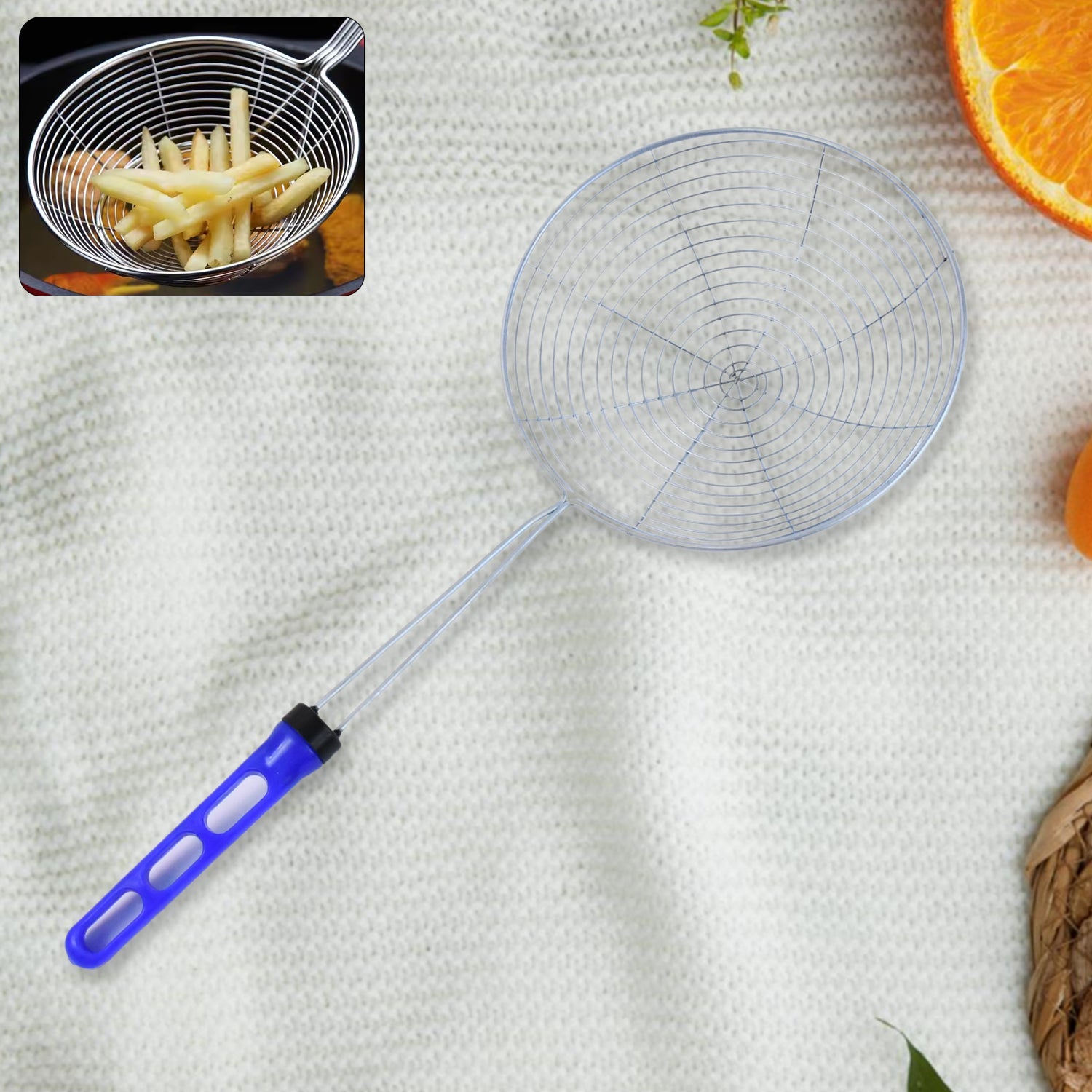 Large stainless steel deep fry strainer with long handles for frying puris and jhara