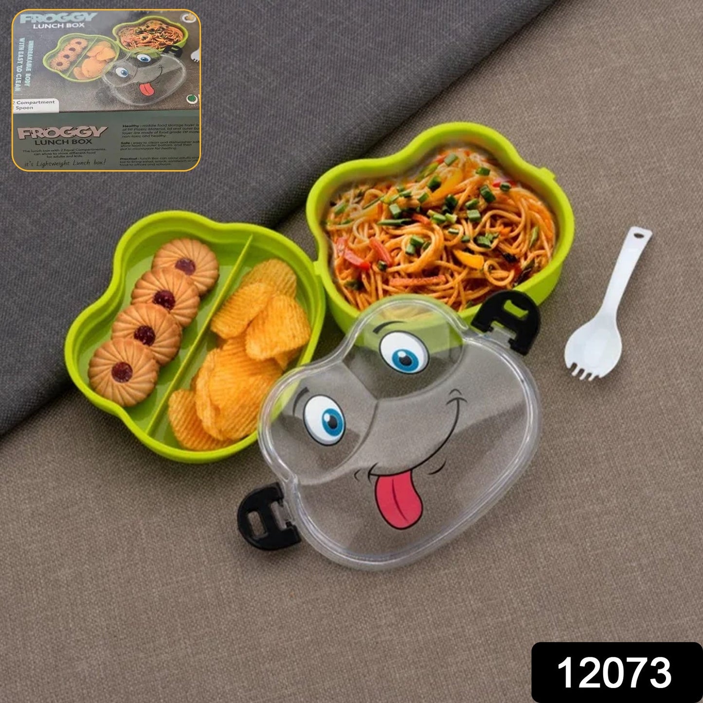 Top view of the cute froggy lunch box, showing its secure clips and spoon.