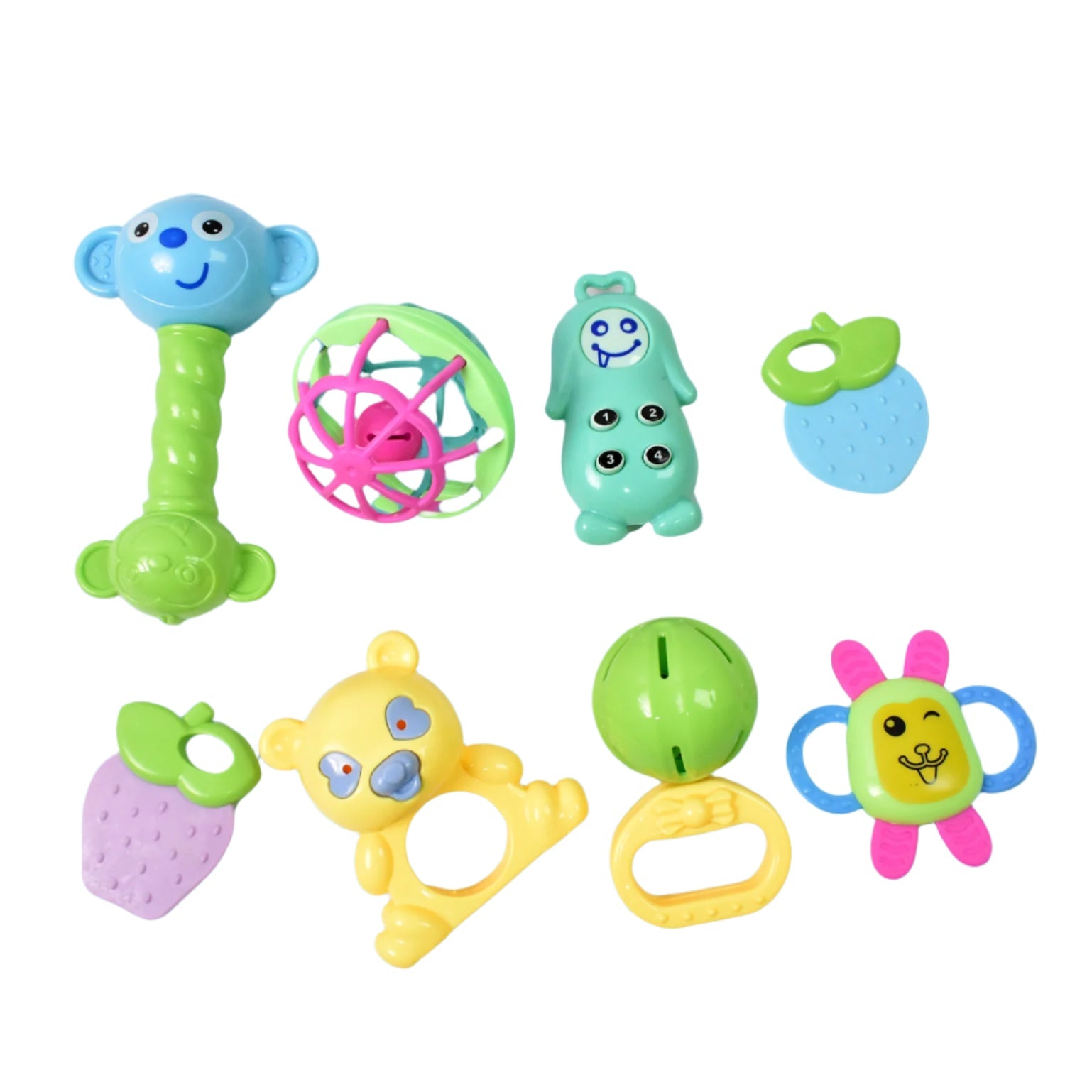 Baby holding an orange and green multi-textured teether, soothing gums