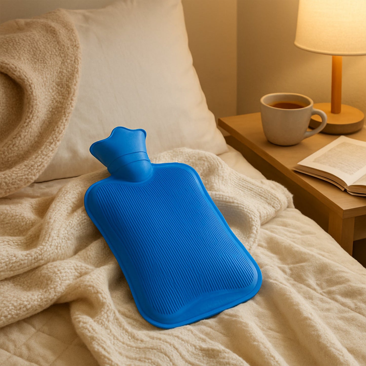Front view of the 1400ML hot water bag, ready for use to alleviate muscle aches.