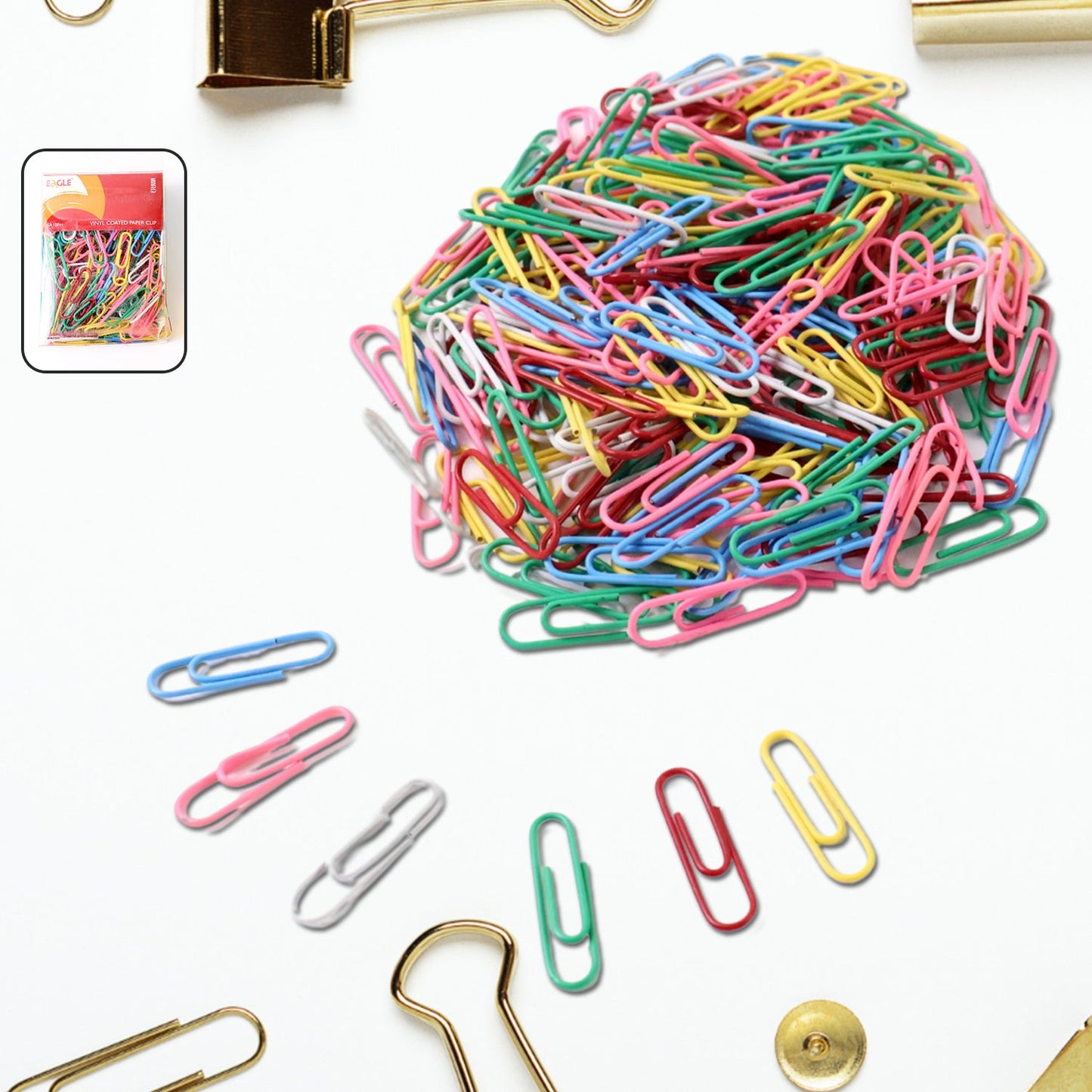 Set of multicolor paper clips with smooth vinyl coating for office use