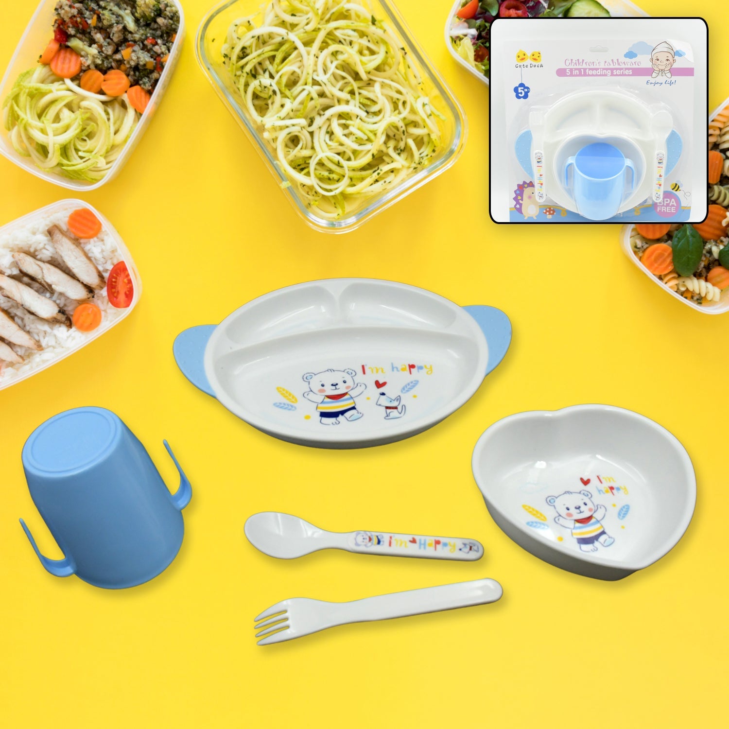 Complete 5-piece baby feeding set with cartoon design plate, bowl, mug, spoon, and fork.