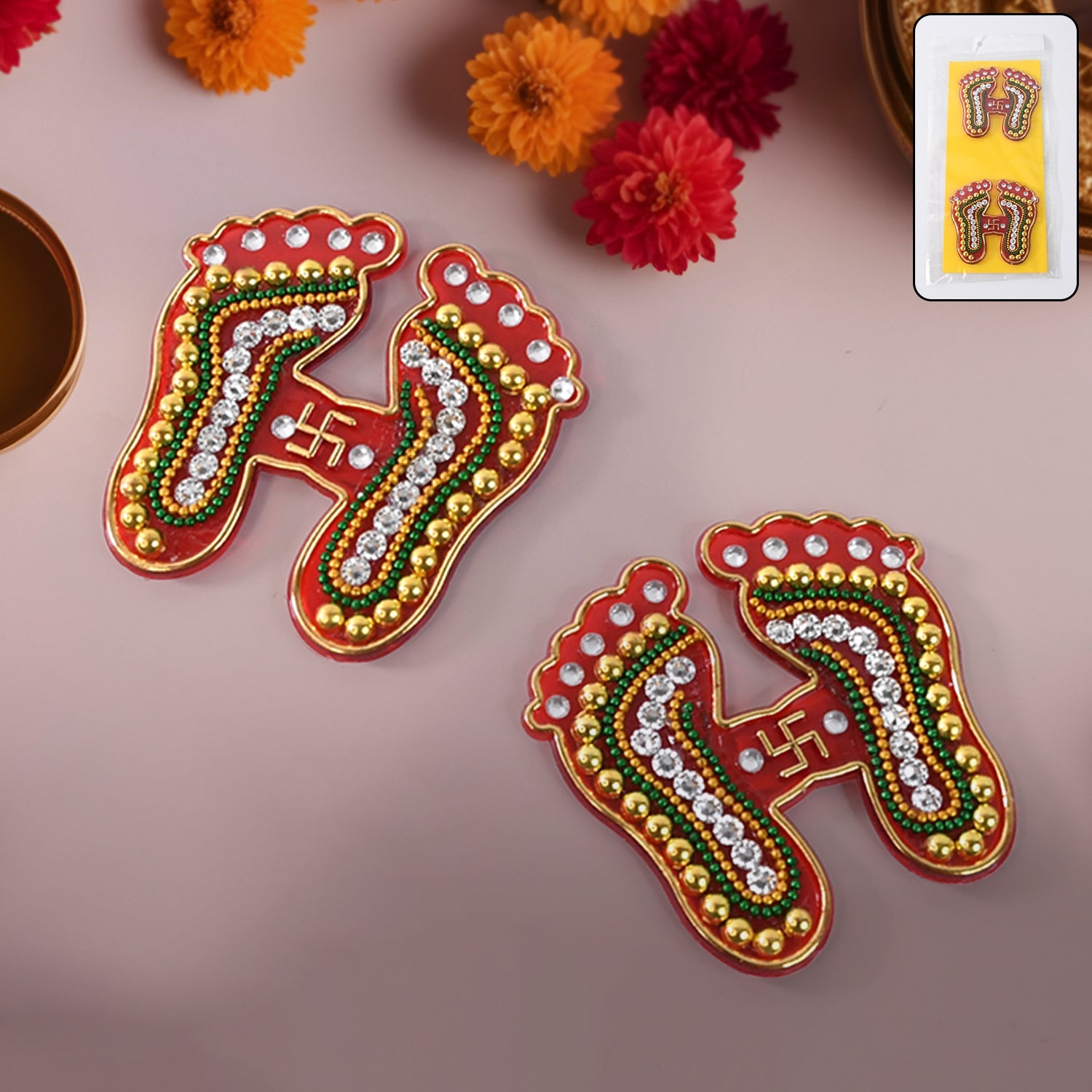 Decorative Laxmi Charan Paduka Sticker showing traditional design and embellishments