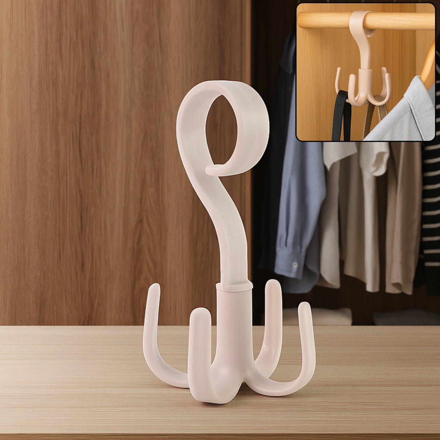 360° rotating multipurpose hook hanger with four hooks for wardrobe and kitchen use