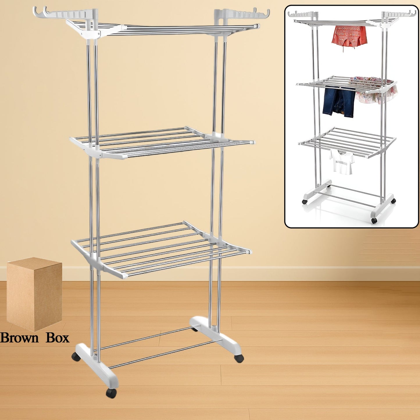 3-tier foldable Cloth Drying Stand in stainless steel with wheels, shown open for use.
