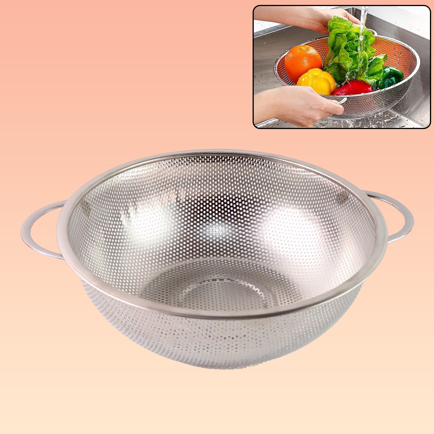 Multipurpose stainless steel strainer bowl for washing rice and vegetables.