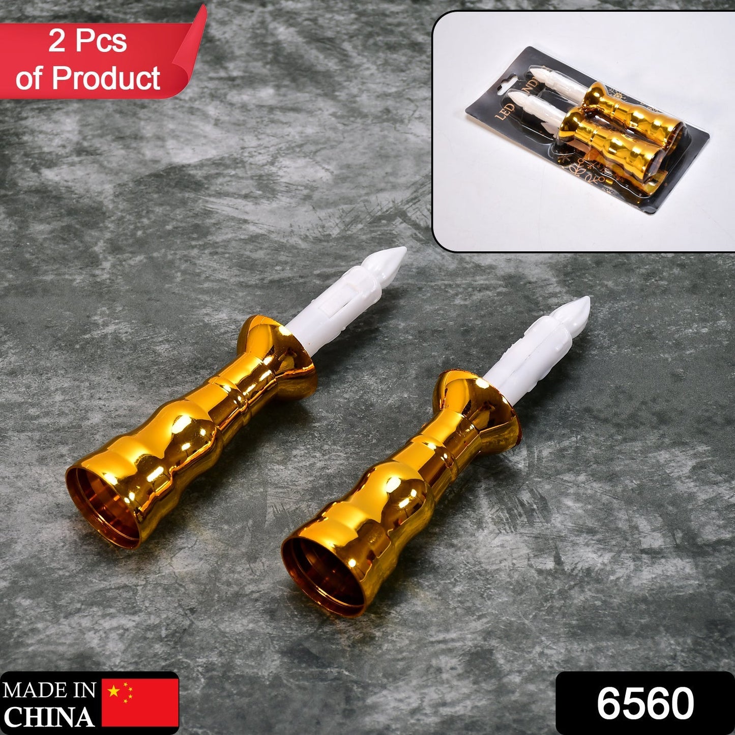 Two battery-operated flameless LED candles with gold bases, ready for indoor window decoration.