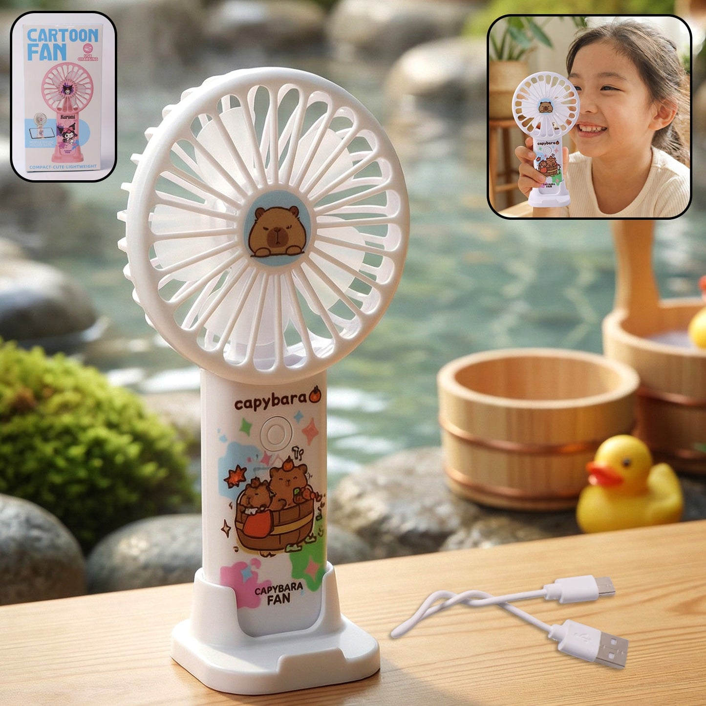 USB rechargeable cute cartoon capybara handheld mini fan with stand