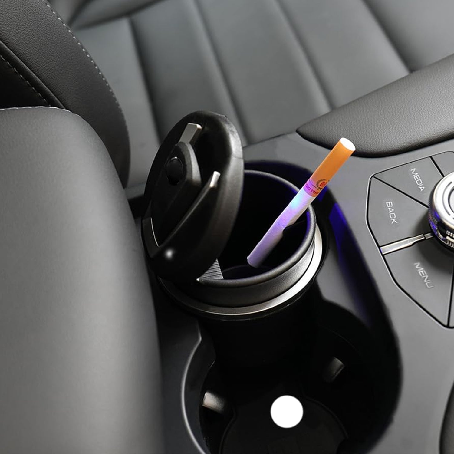 Portable car ashtray with secure lid and glowing blue LED light