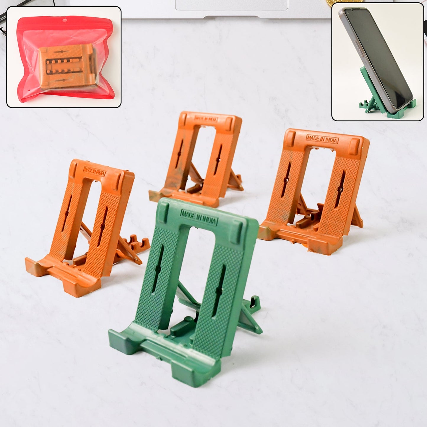 Four adjustable foldable phone stands showing multi-angle mobile holders