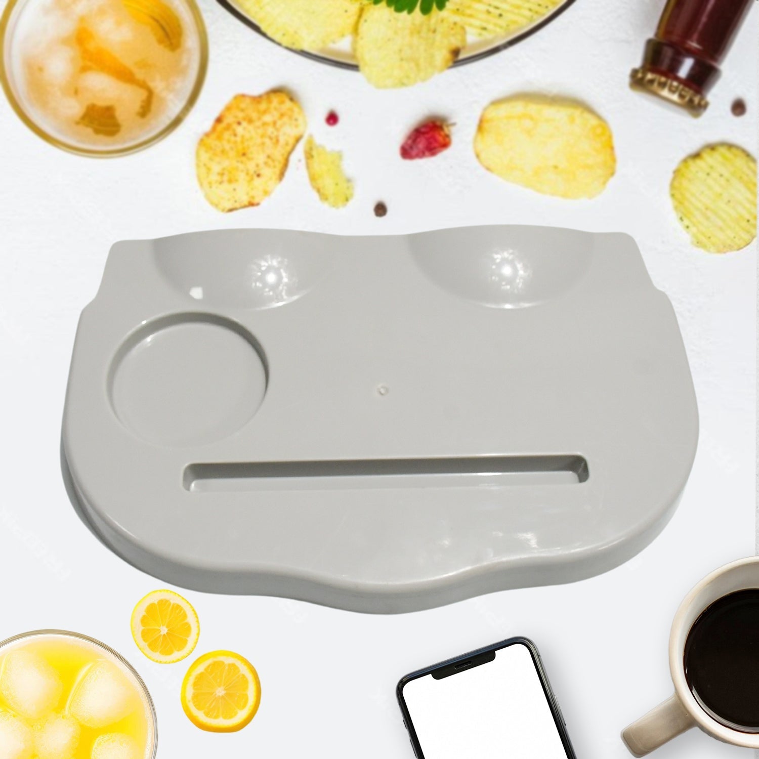 Close-up of the Snack Caddy with Cup Slot, ideal for a relaxed movie night.
