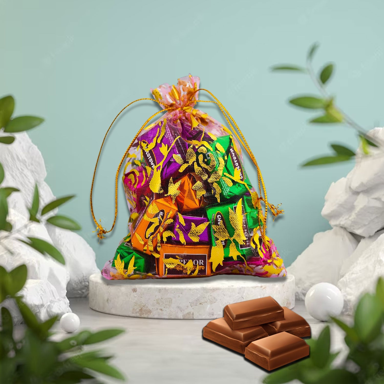 Mesh fabric potli bag with shimmering drawstring closure holding premium chocolates