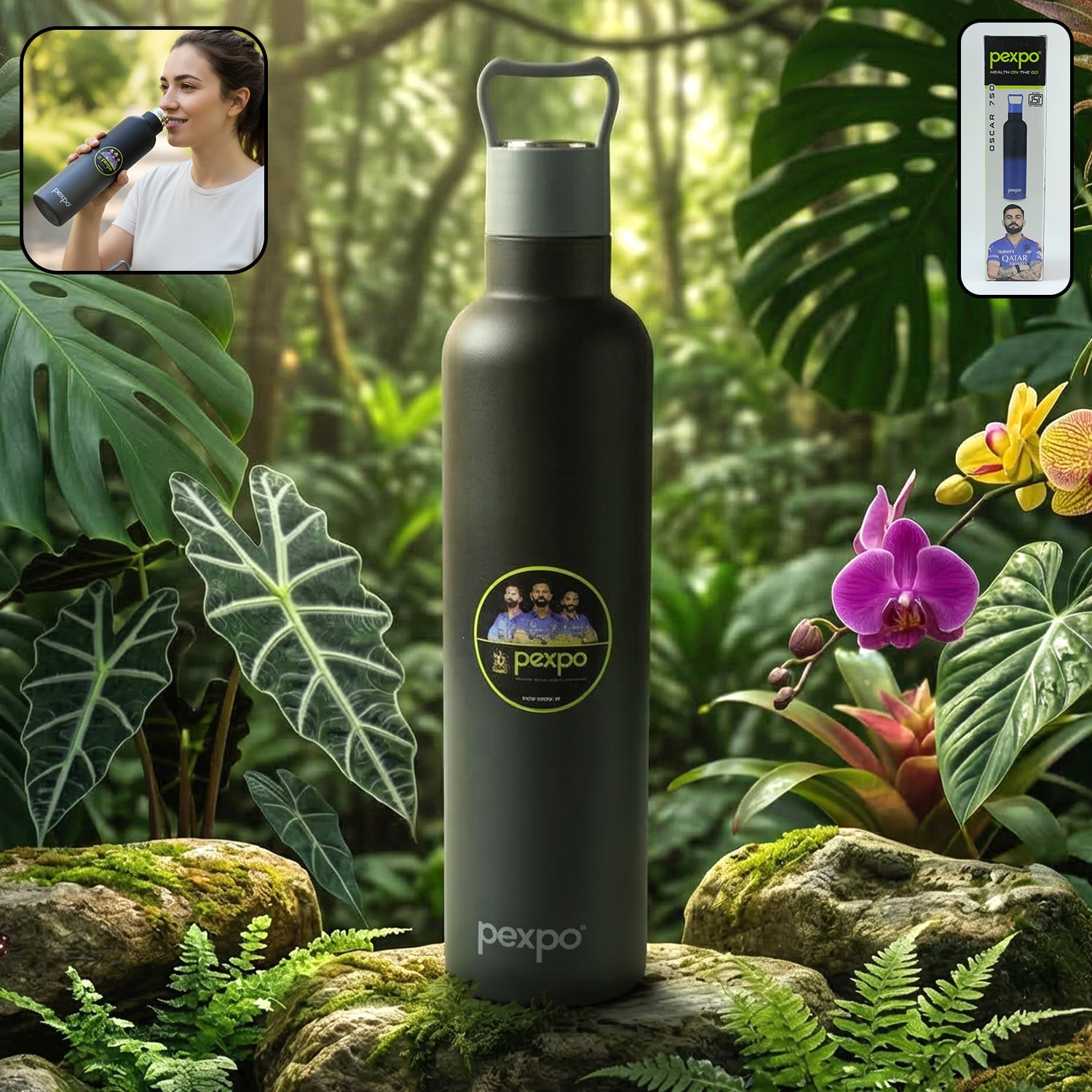 Insulated stainless steel water bottle with leakproof lid and carry handle