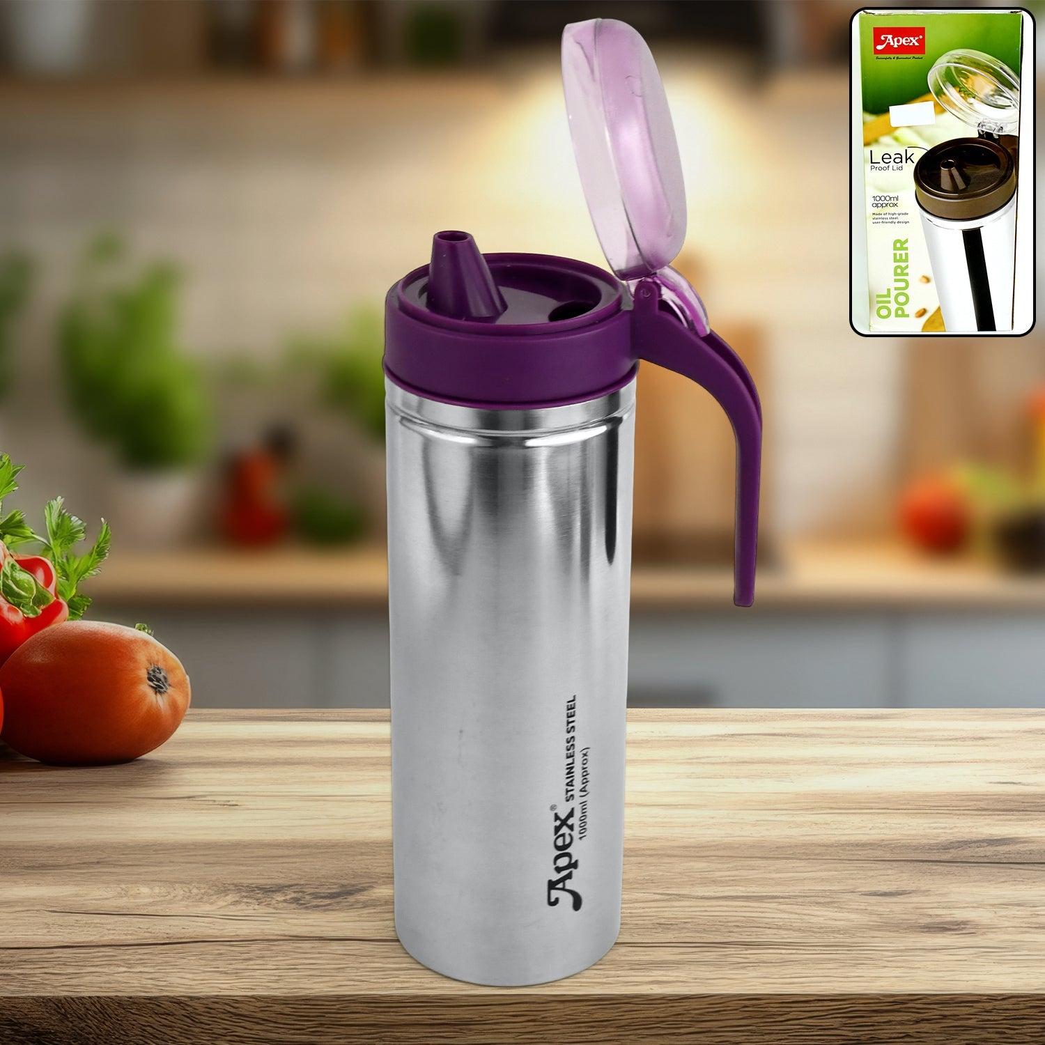 Stainless steel oil pourer with ergonomic black handle and anti-drip spout