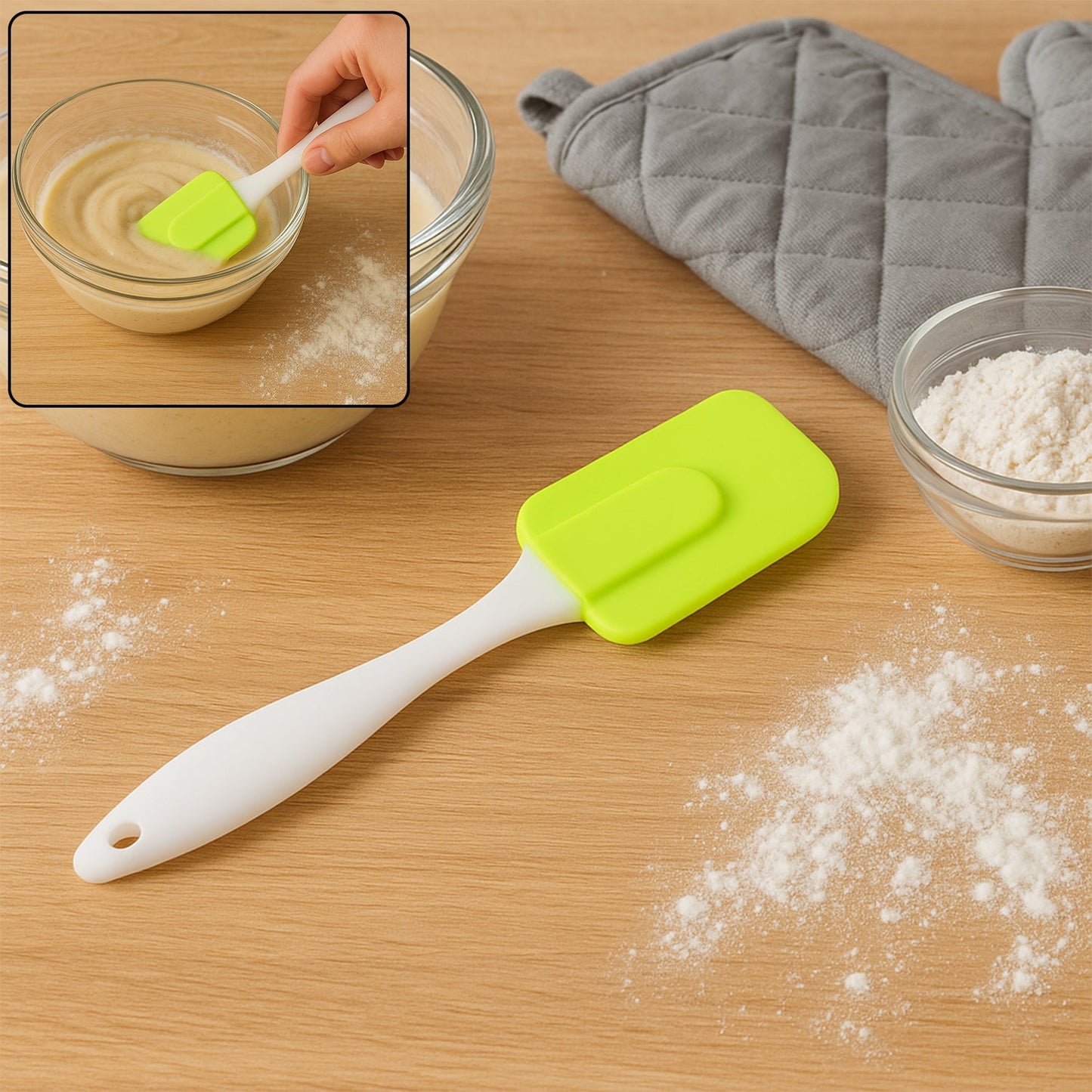 Silicone cooking spatula with heat resistant silicone head for baking and cooking