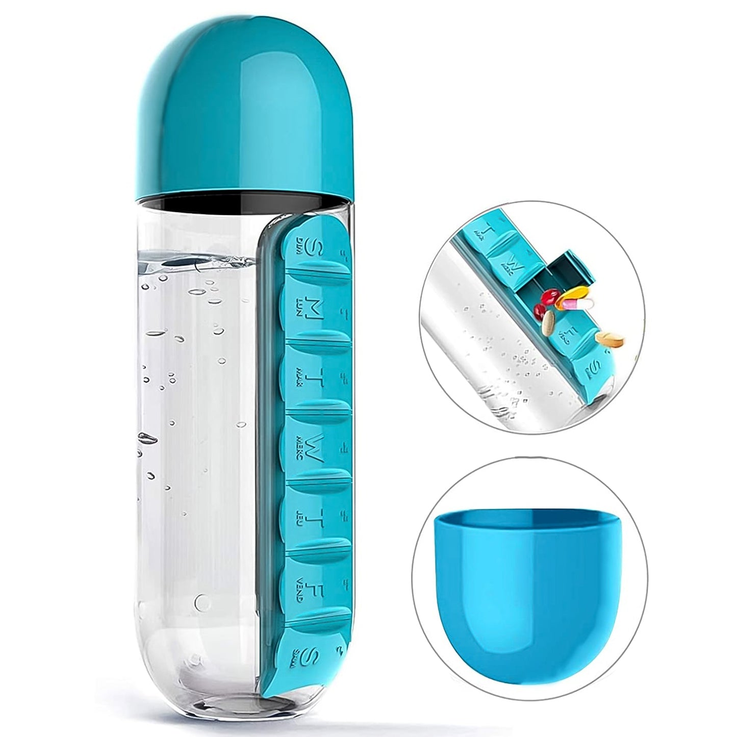 Top-down view of the 600ml travel water bottle showing the integrated pill organizer.