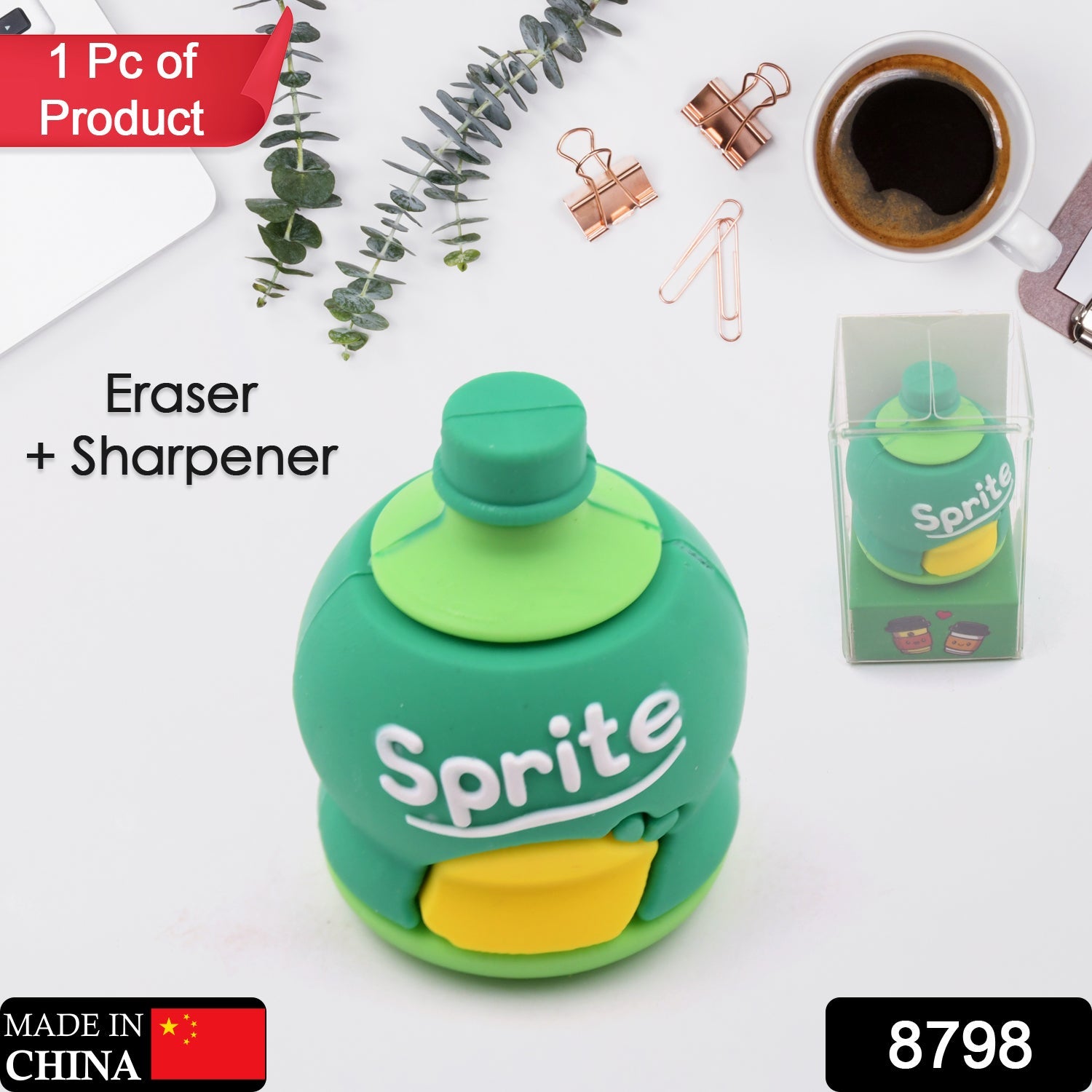 Child holding the cute bottle shape pencil sharpener and eraser set.