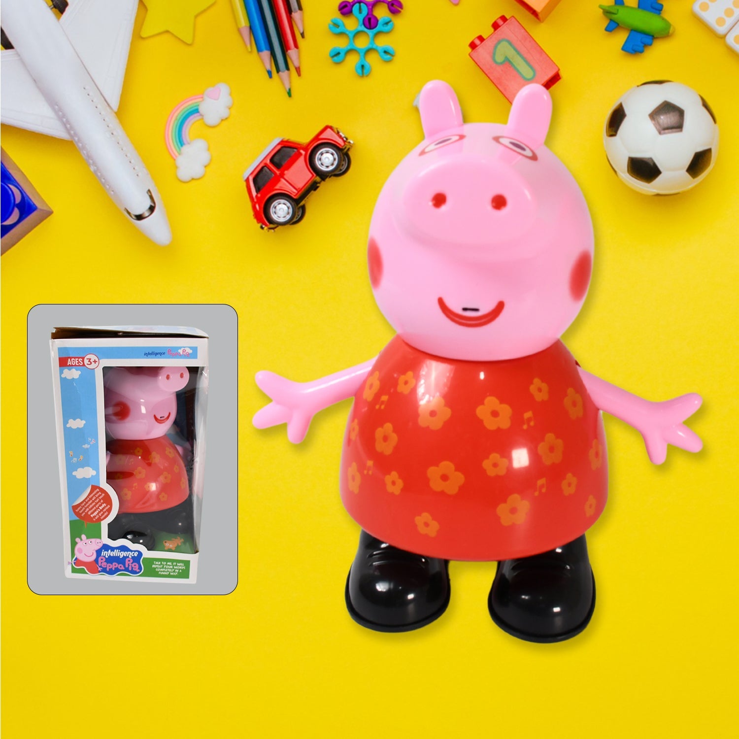 A child's hand interacting with the movable legs of the cheerful pig play toy.