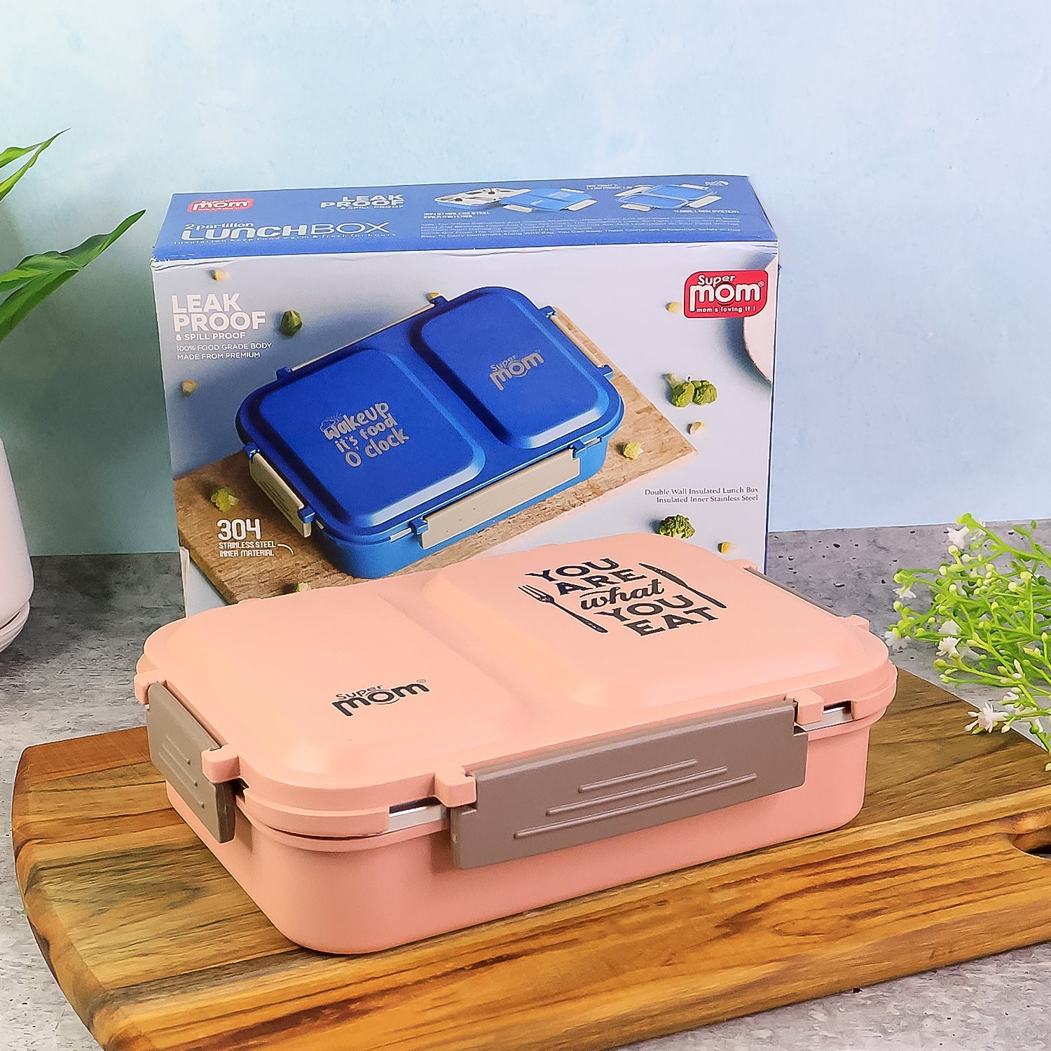 Stainless steel lunch box with 2 partitions and leak-proof lid