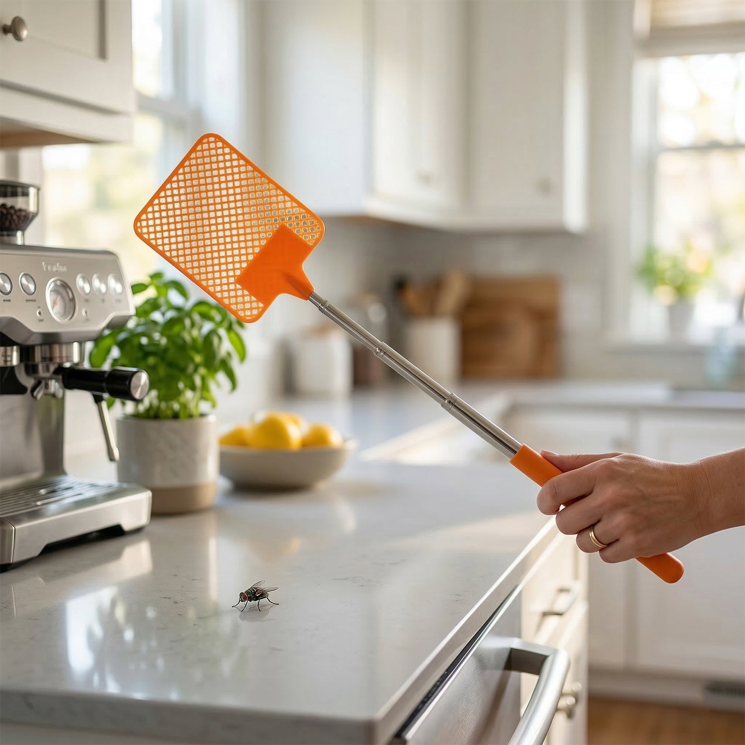 Plastic fly swatter with extendable handle for insect control