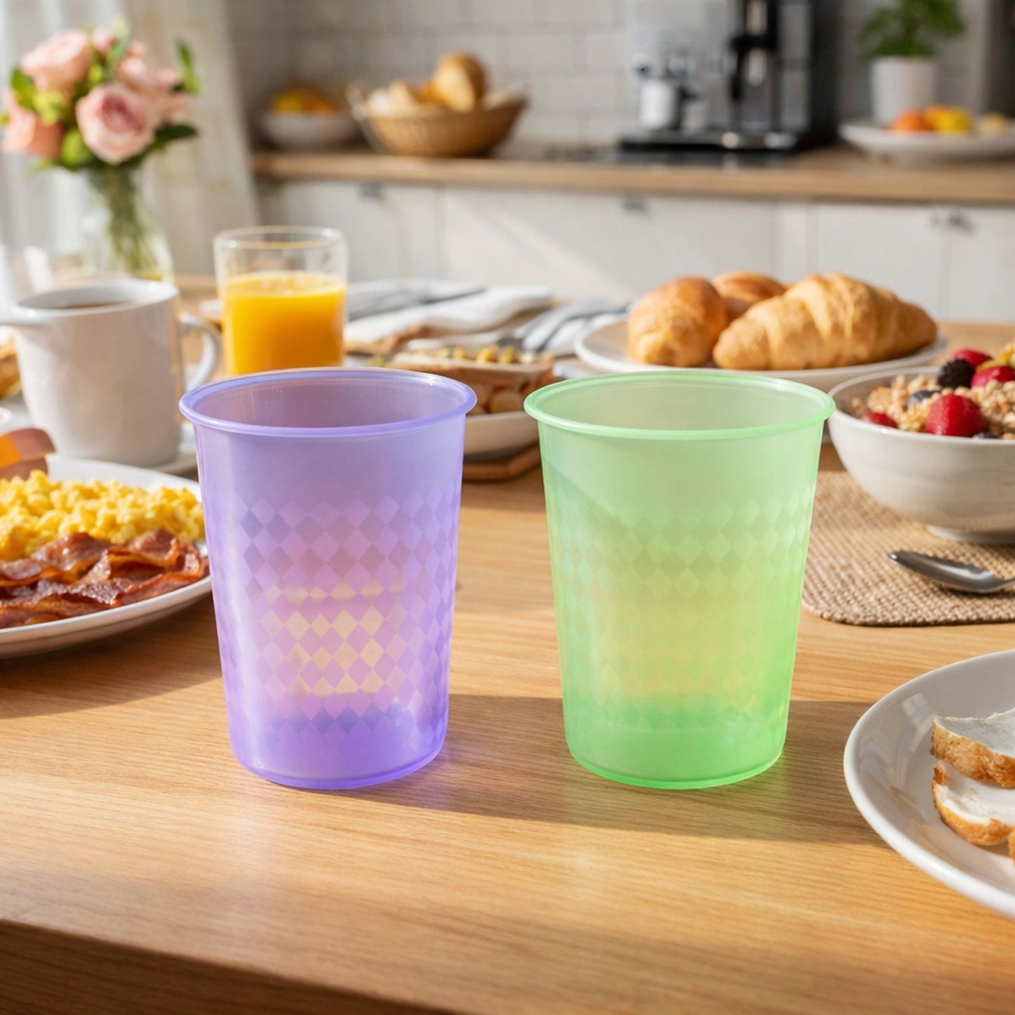 Side view of reusable plastic drinking glass with 200 ML capacity