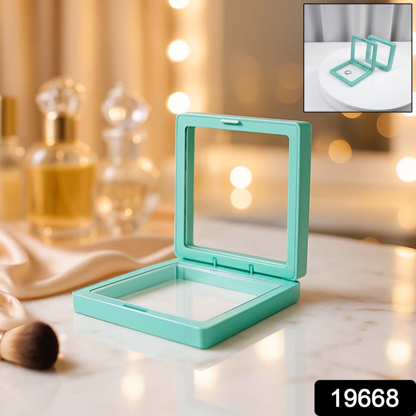 Close-up of transparent jewellery display box highlighting magnetic lock