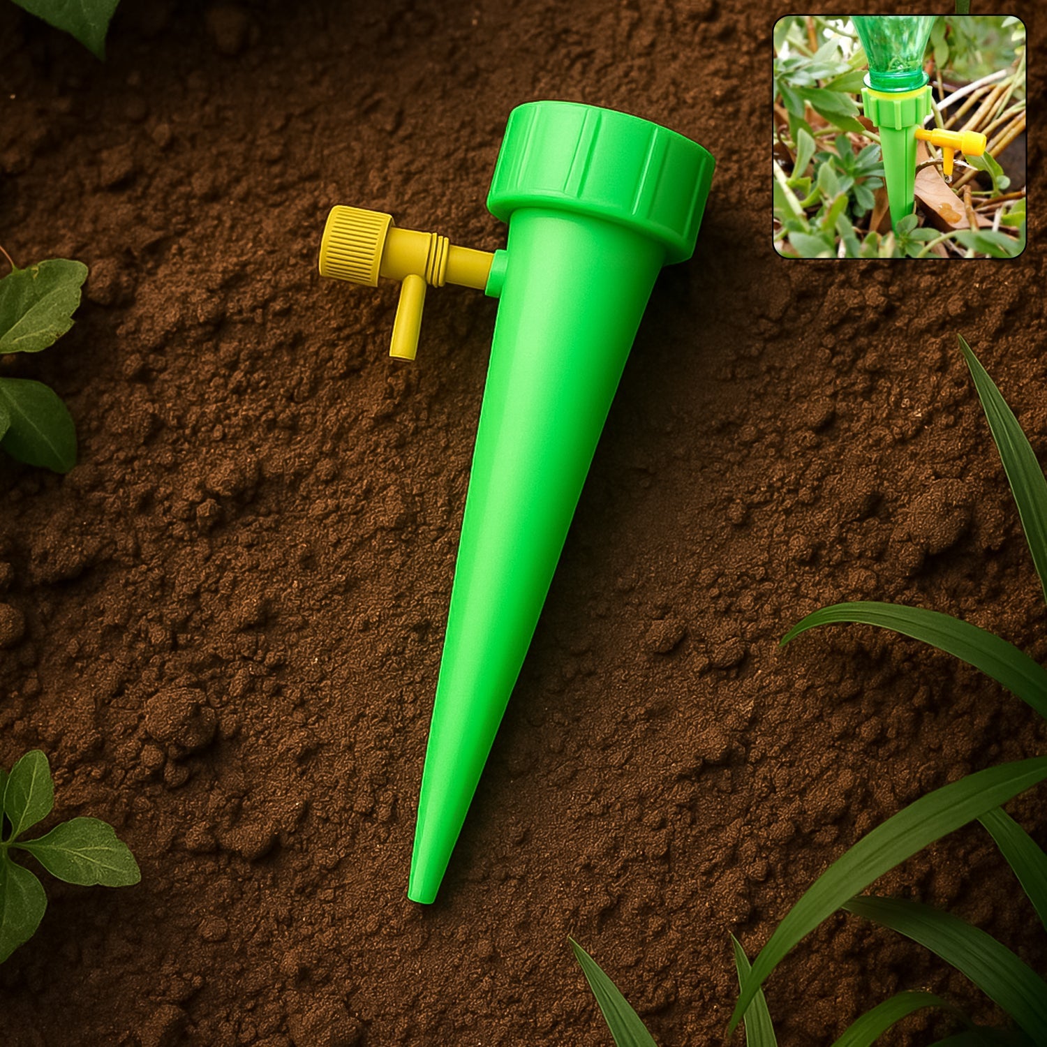 Plant Watering Spike gently watering potted plants in garden