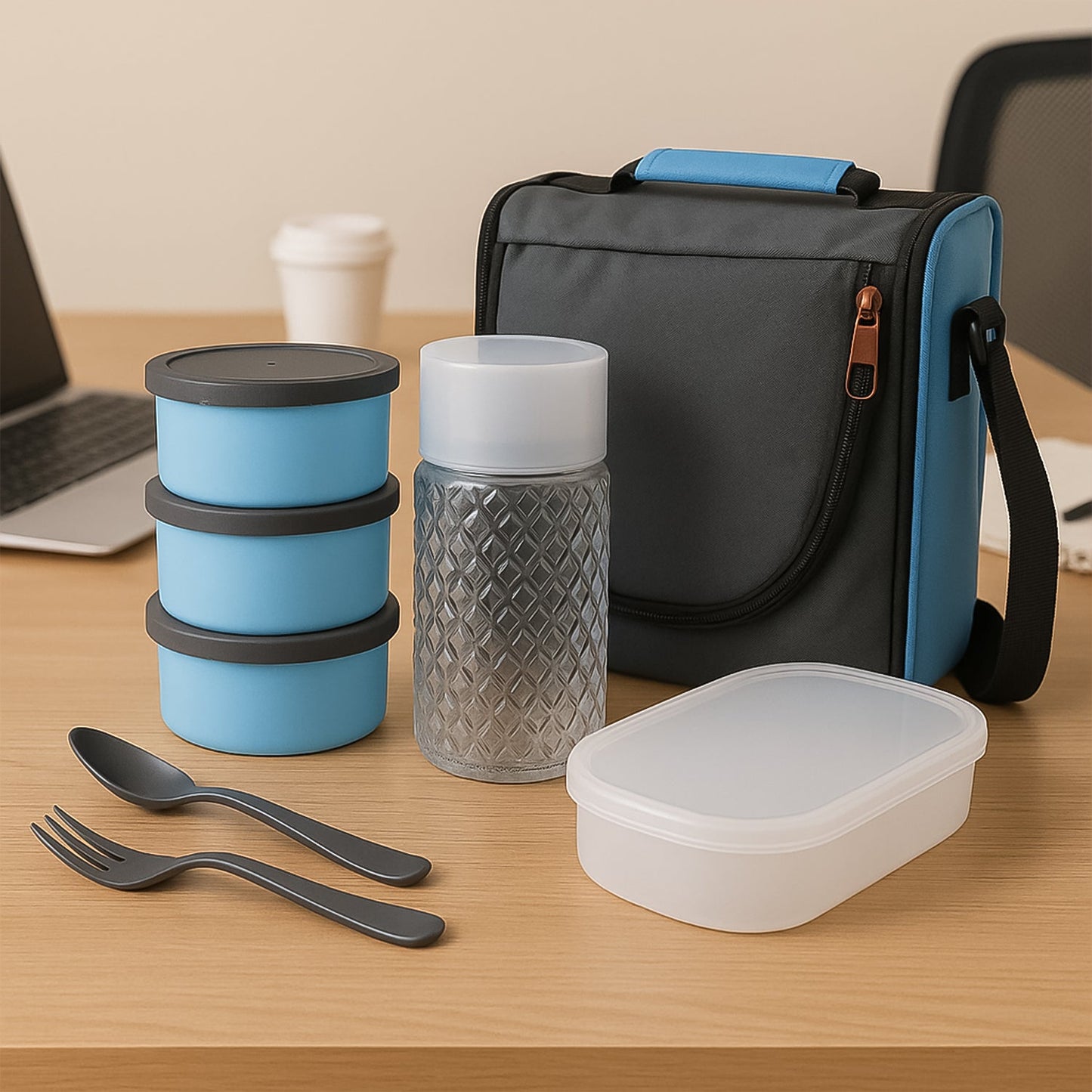 Insulated Lunch Box Set with fabric carry bag and steel bottle.