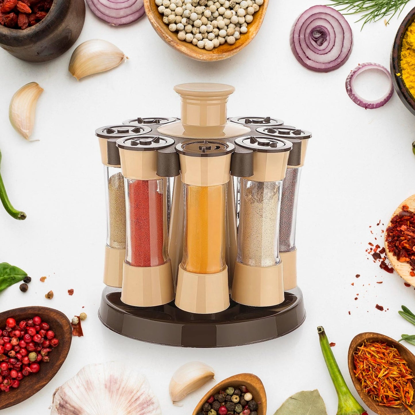 Front view of the spinning spice holder with filled jars, ready for use.