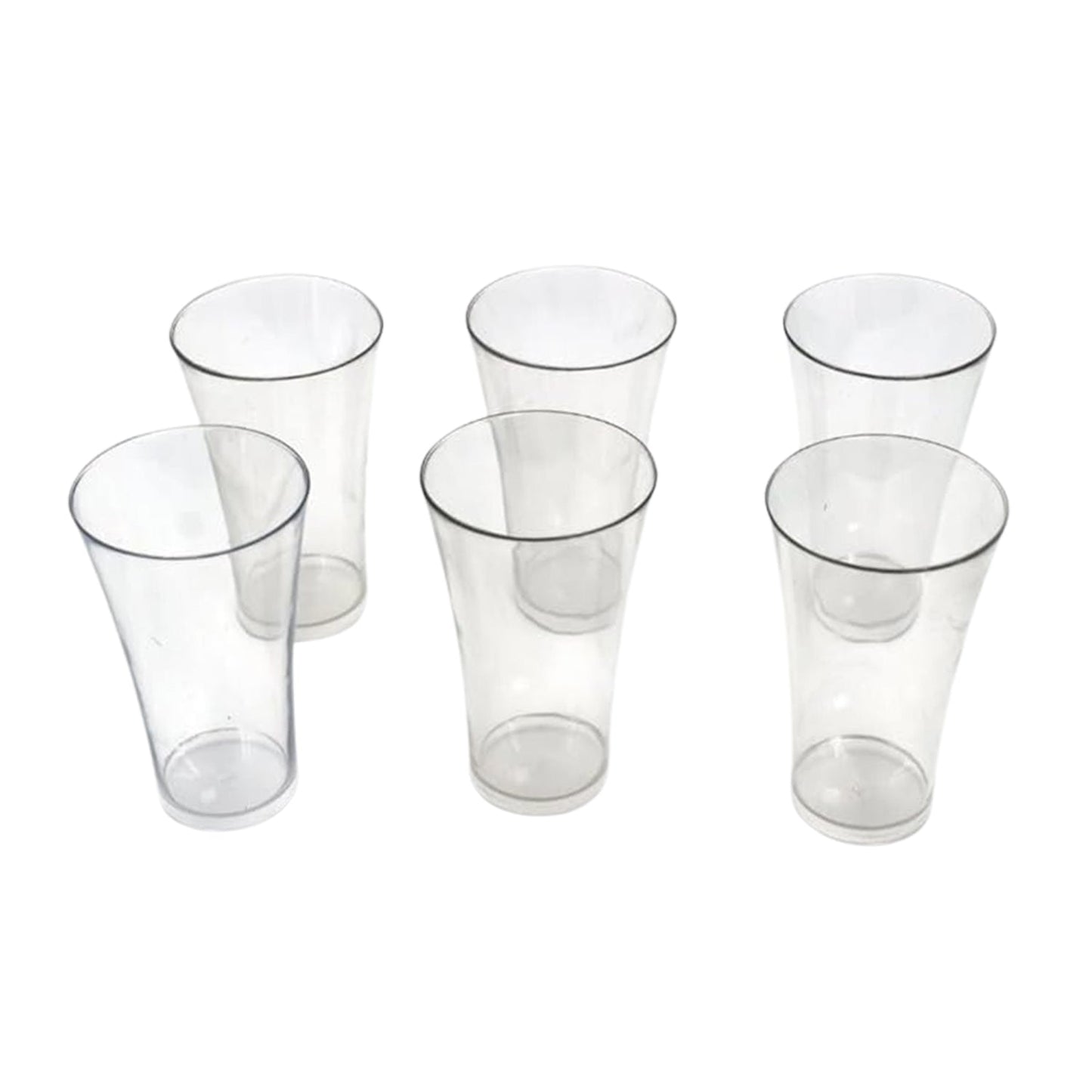 Stack of clear plastic juicy glasses, showcasing their lightweight design.