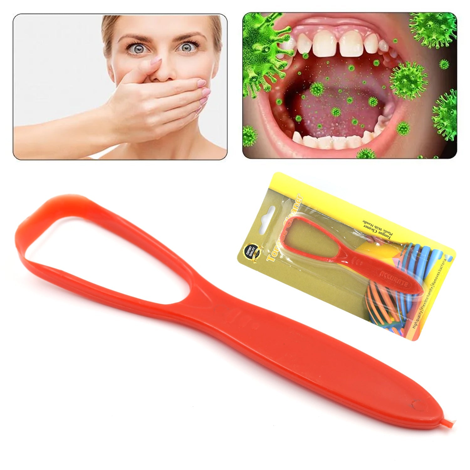 Hand holding the MintGuard plastic tongue cleaner, ready for daily use to enhance fresh breath.