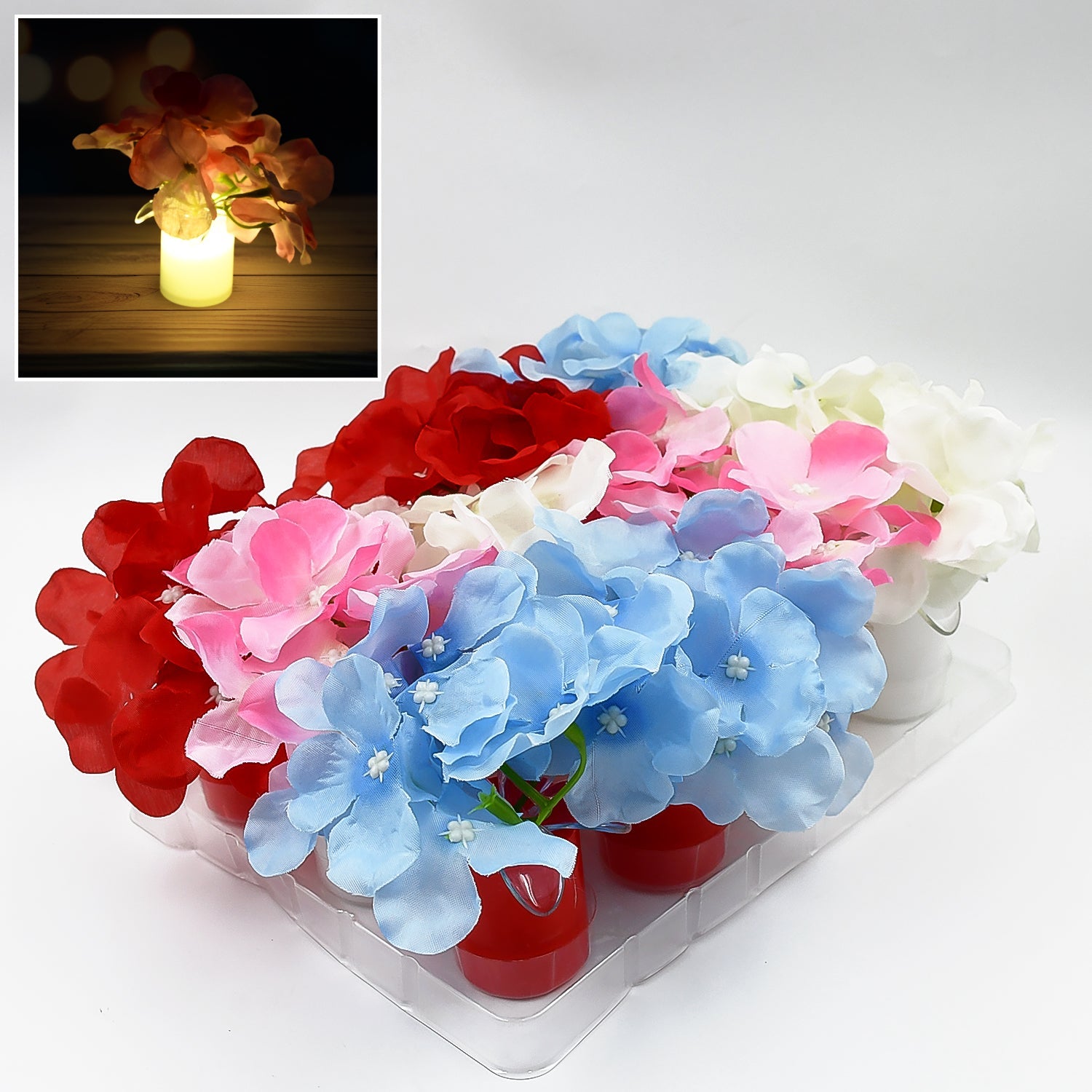 A close-up of a single LED Diwali light with a delicate flower design.