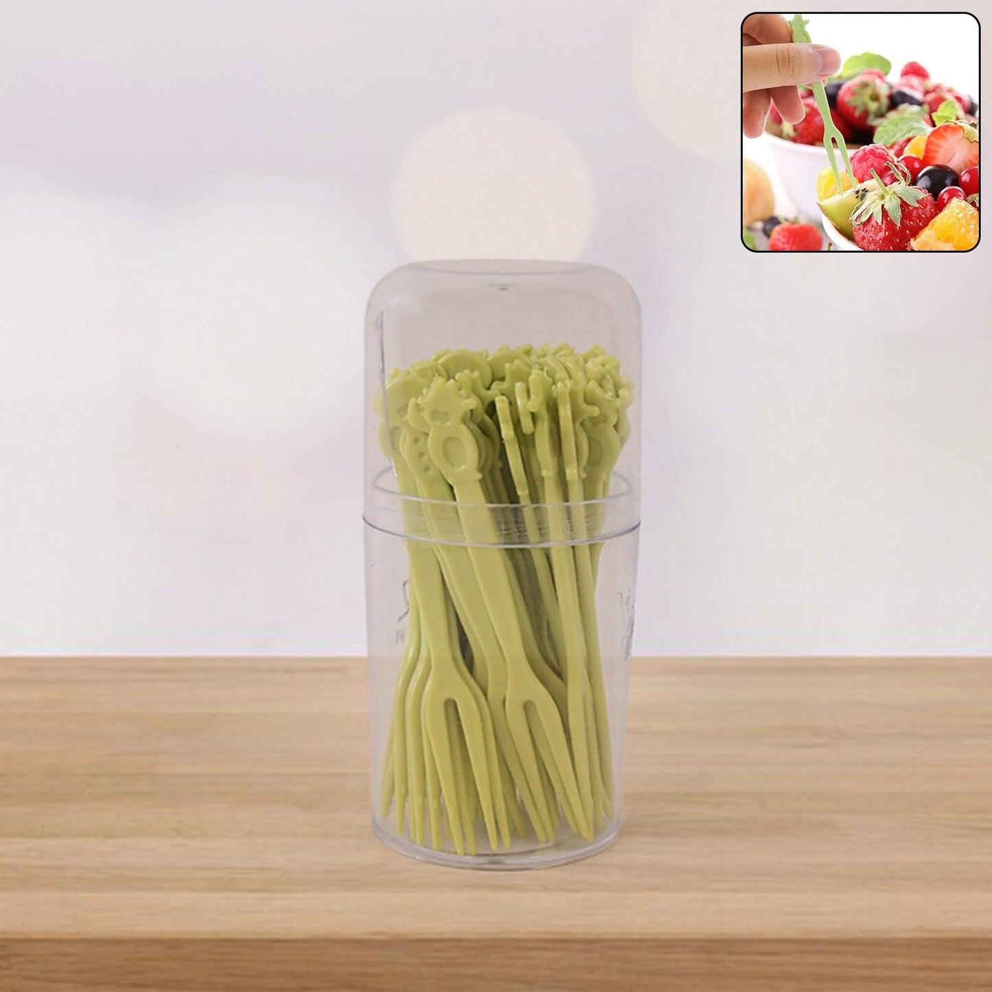 Jar of 50 plastic fruit forks for desserts and appetizers