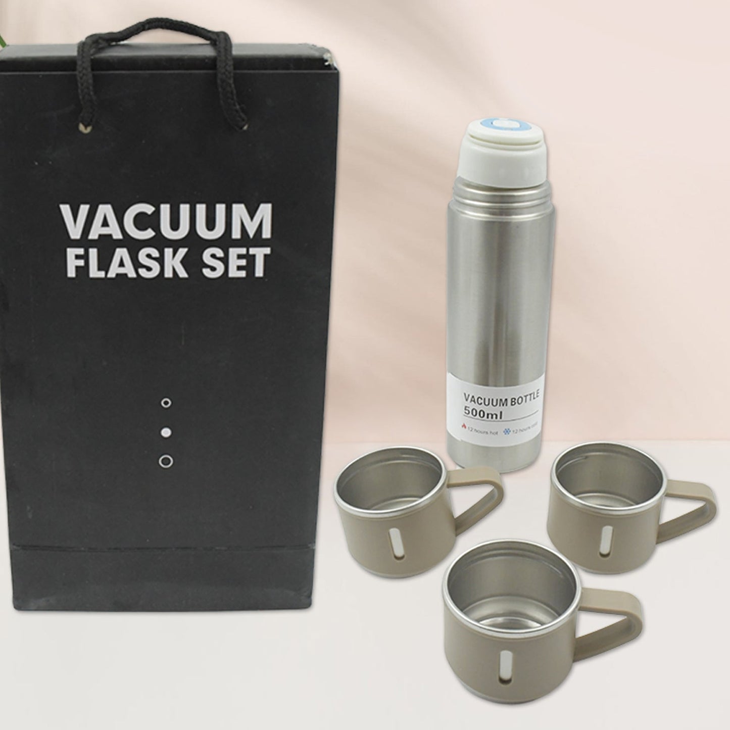 Close-up of stainless steel vacuum flask set showing rustproof finish and lid