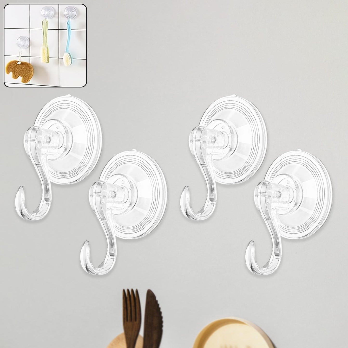 Plastic suction cup hook holding items firmly on smooth surfaces