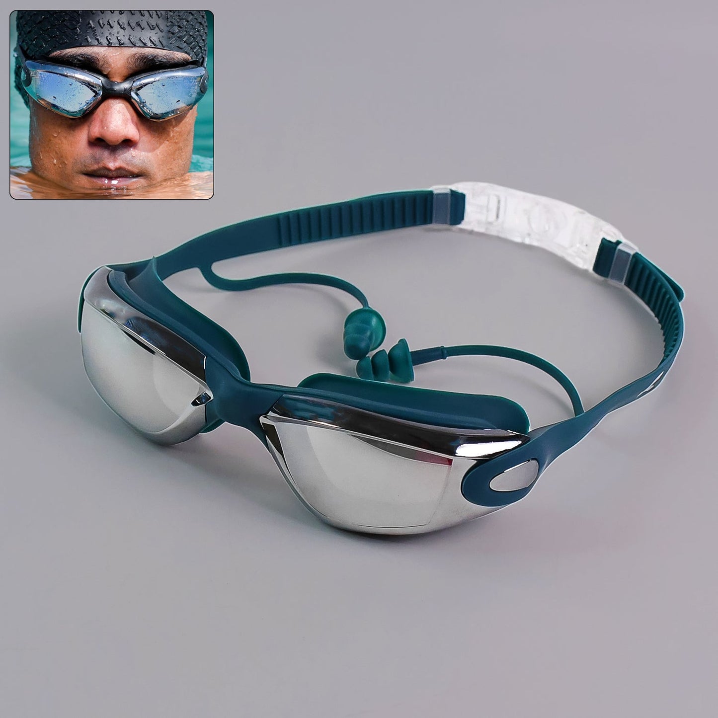 Anti-fog swimming goggles with UV protection and mirrored lenses in plastic case